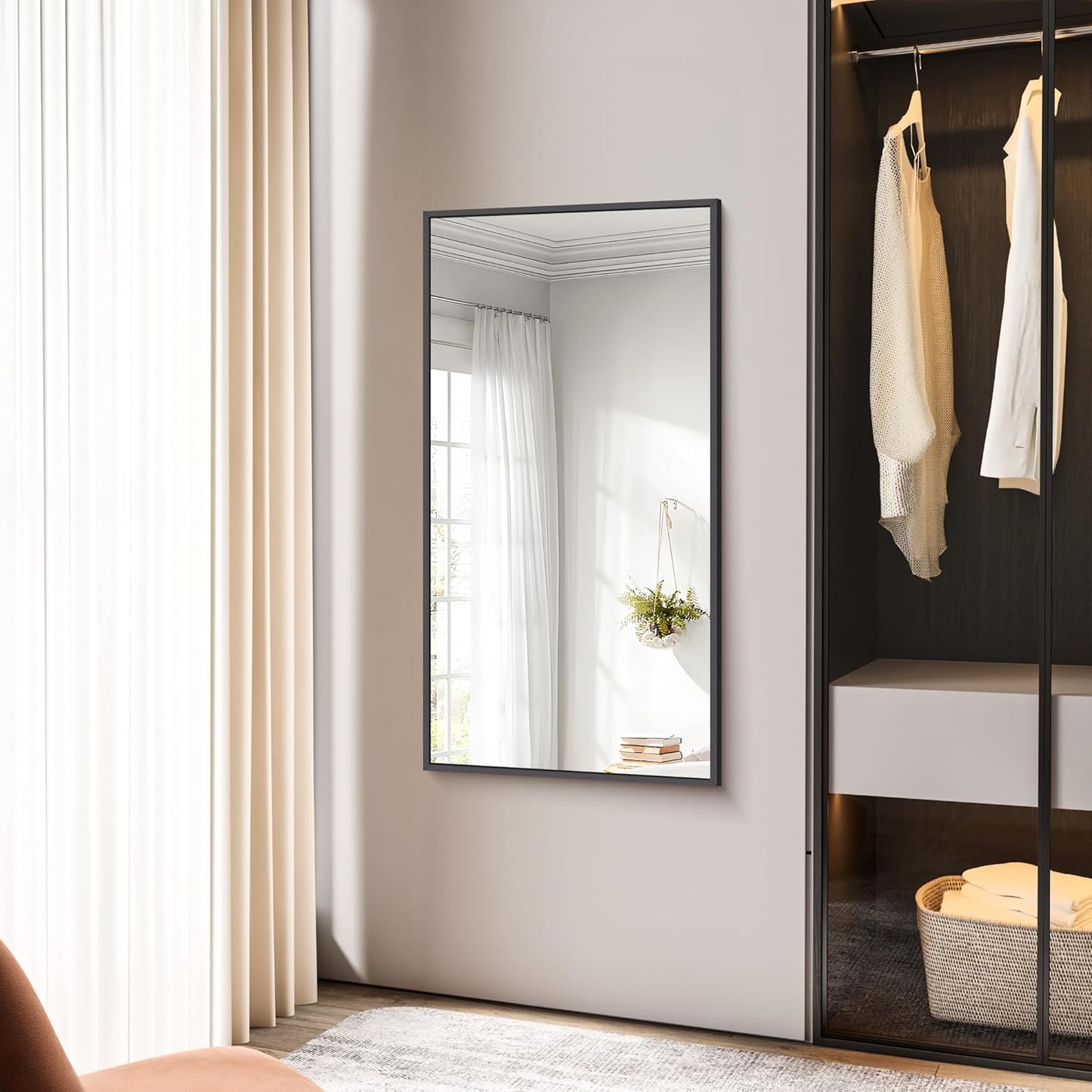 BONEWEI Bathroom Mirror,24x48 inch Wall Mirror for Bathroom Wall Mounted Black Rectangle Square Corner Mirrors, Black Bathroom Mirror for Living Room, Farmhouse, Bedroom Entryway, Horizontal/Vertical