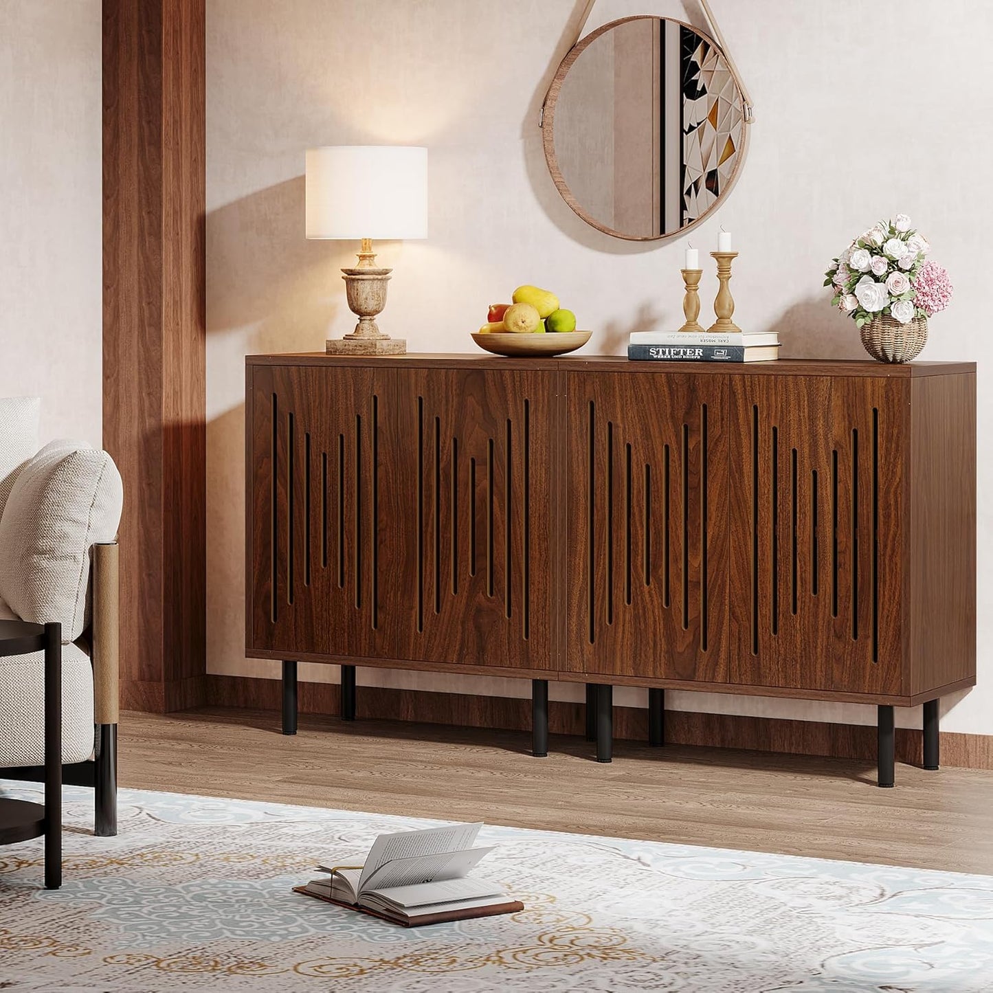 Tribesigns Set of 2 Sideboard Buffet with Storage, 59" Buffet Sideboard Cabinet with Adjustable Shelves, Accent Storage Cabinet for Living Room, Dark Brown