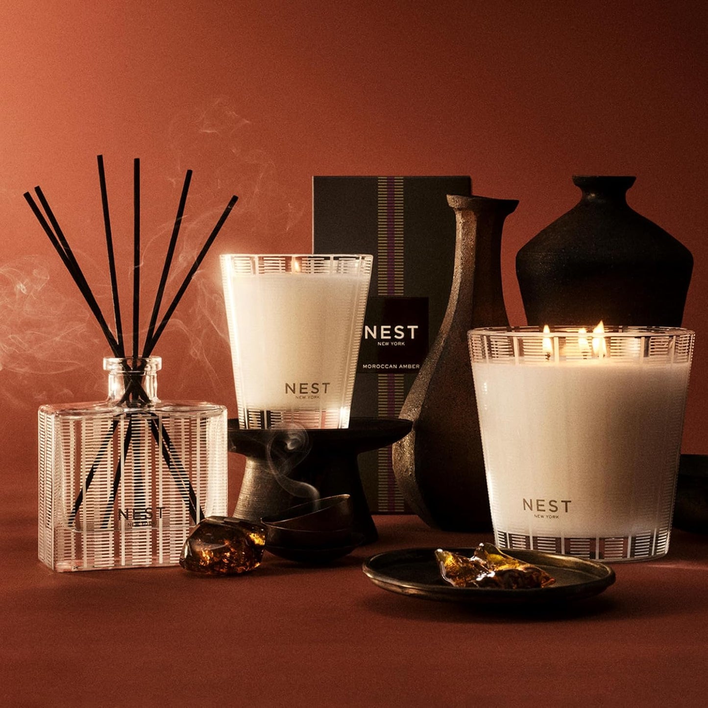 NEST New York Reed Diffuser, Moroccan Amber - 5.9 fl oz - Fragrance for Up to 90 Days - Reusable, Refillable Glass Holder - Includes 8 All-Natural Reed Sticks - Flame Free