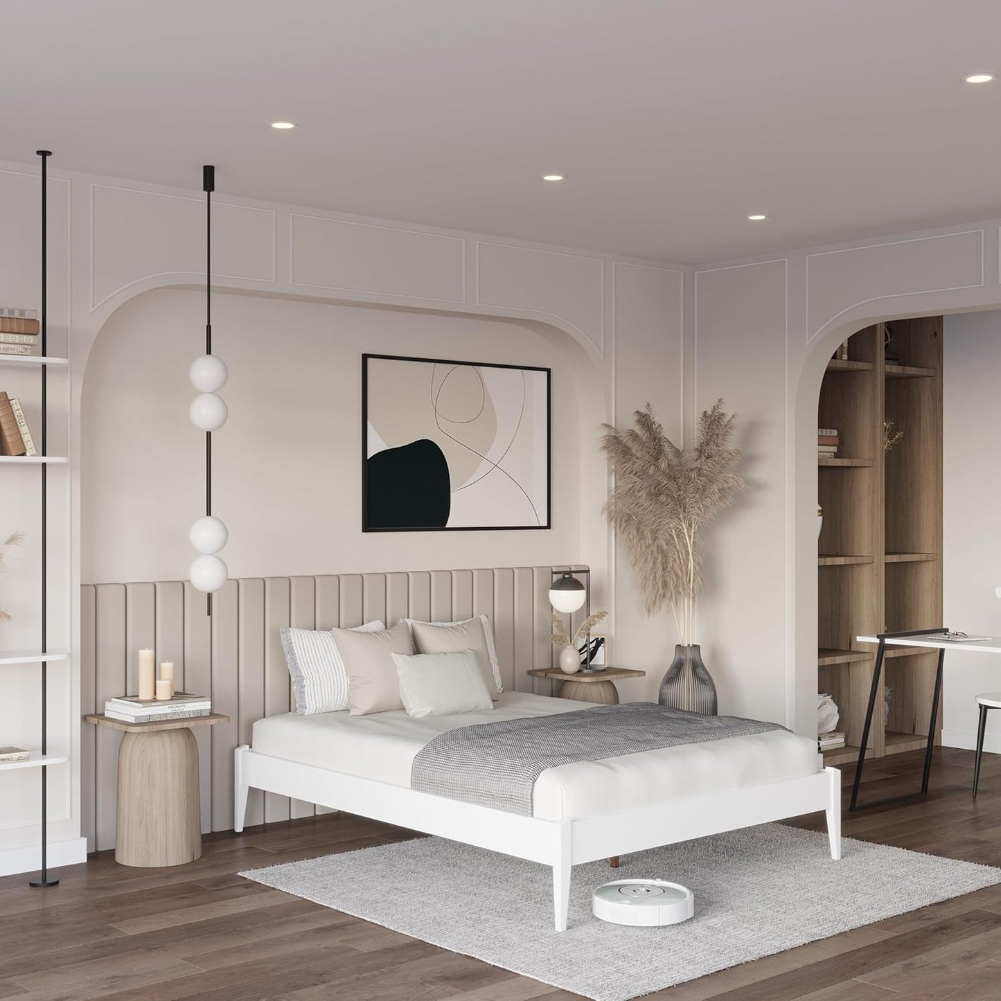 Bme Dinkee Signature Ivory White Queen Bed Frame Without Headboard - Modern & Minimalist Style with Acacia Wood - 12 Strong Wood Slat Support - Easy Assembly - No Box Spring Needed