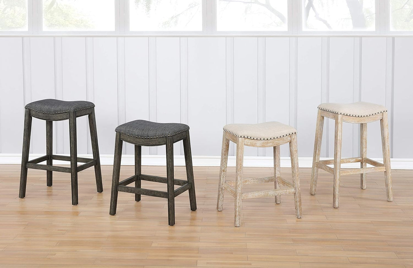 Roundhill Furniture Maroni Faric Upholstery Nailheaded Saddle Barstool, Set of 2, Gray