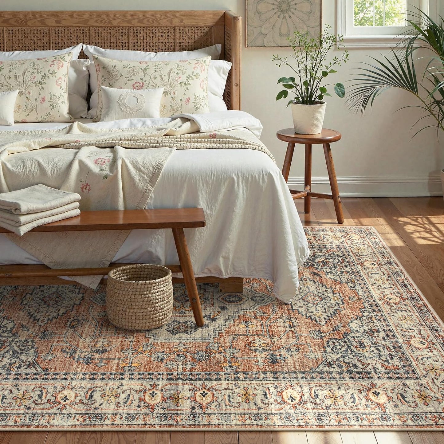 Lahome Oriental Washable Rugs 5x7, Soft 5x7 Rug for Bedroom Living Room, Ultra-Thin Non Slip Stain Resistant Vintage Throw Carpet for Dining Room Office, Peach/Orange