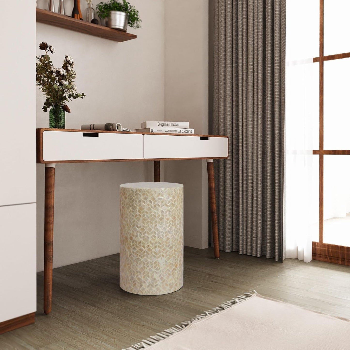 PEMAR Capiz Shell Cylinder Drum End Table Nacre Side Table Stool Round Drum Accent Coffee Bedside Nightstand and Vanity Stool (White Cream)