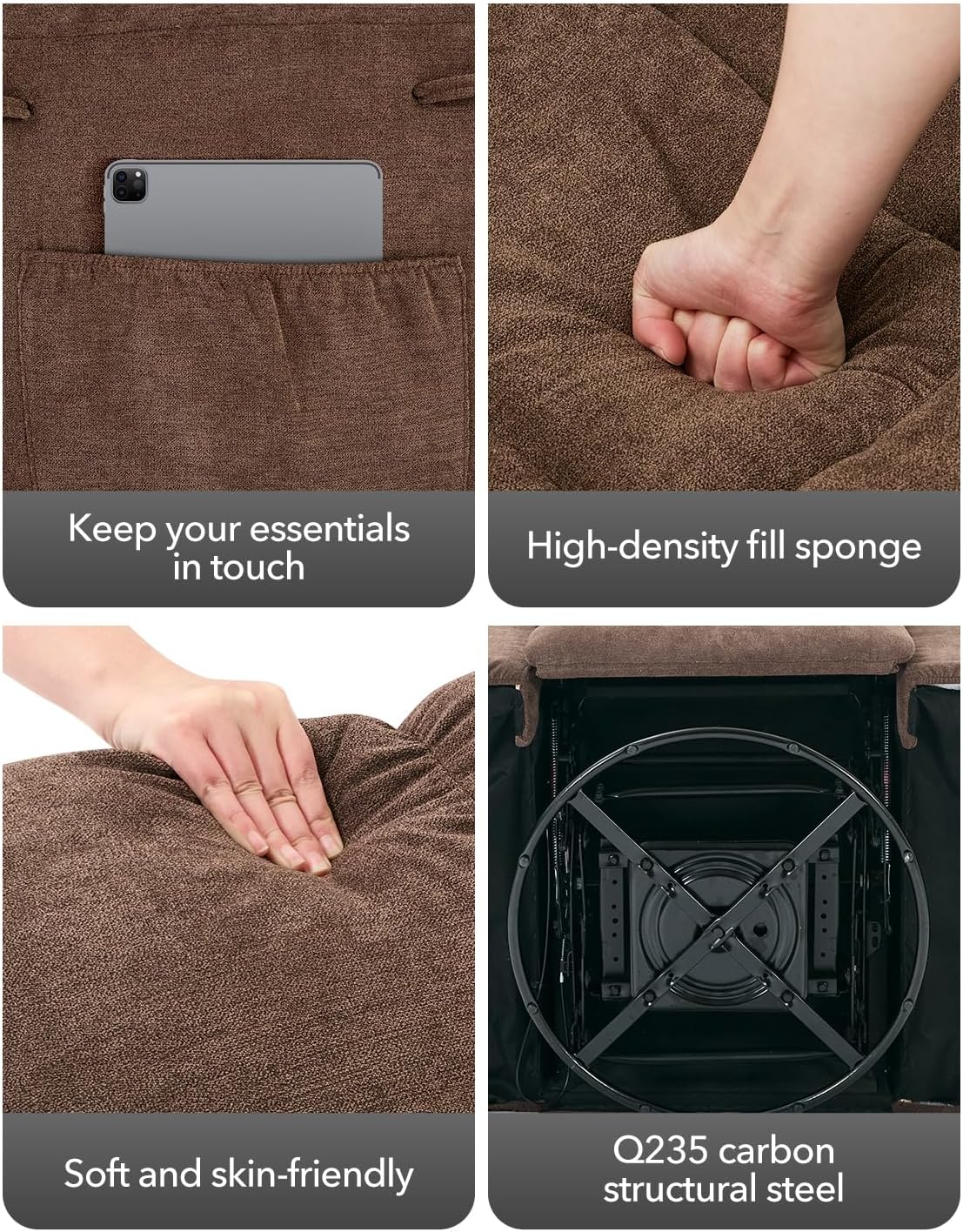 Rocking Recliner Chair,360° Swivel Rocker Chair for Living Room,Upholstered Fabric Glider Nursery Chair with Side Pockets for Small Spaces,Q235 Steel Frame Lazy Boy Recliner Single Sofa(Brown)