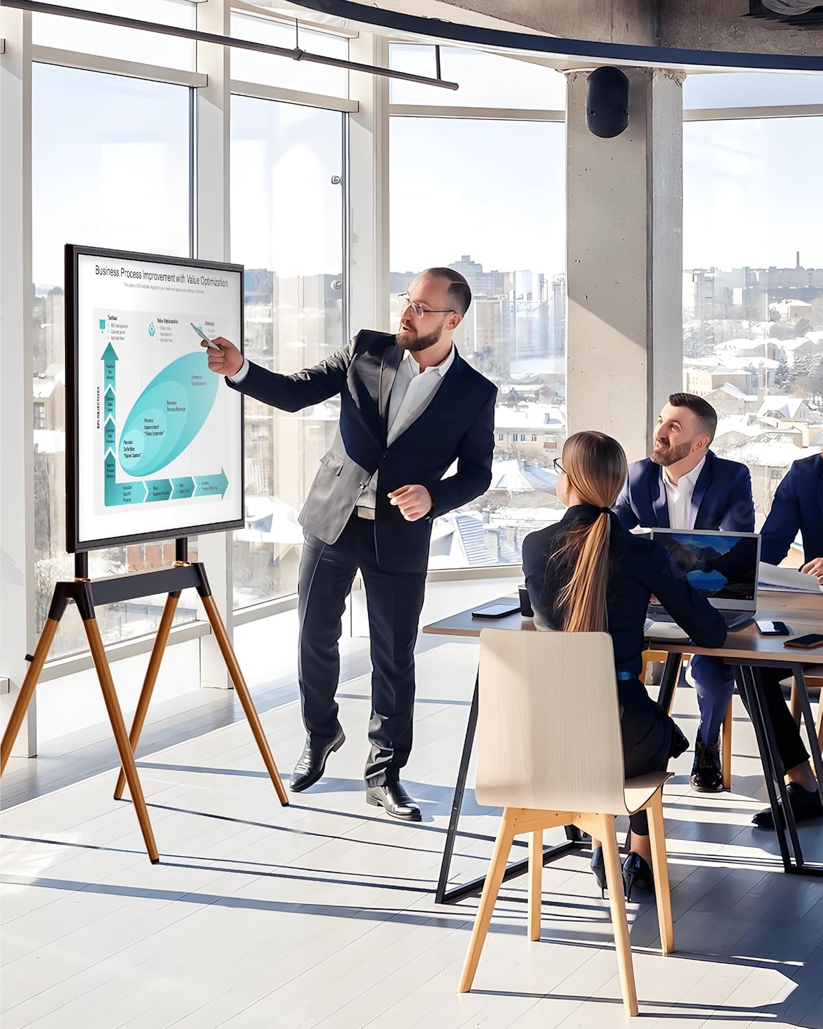 Easel TV Stand for 32-86 Inch LCD LED Flat or Curved Screen up to 132 lbs, Height Adjustable Tripod TV Floor Stand with Wood Legs and Cable Ties