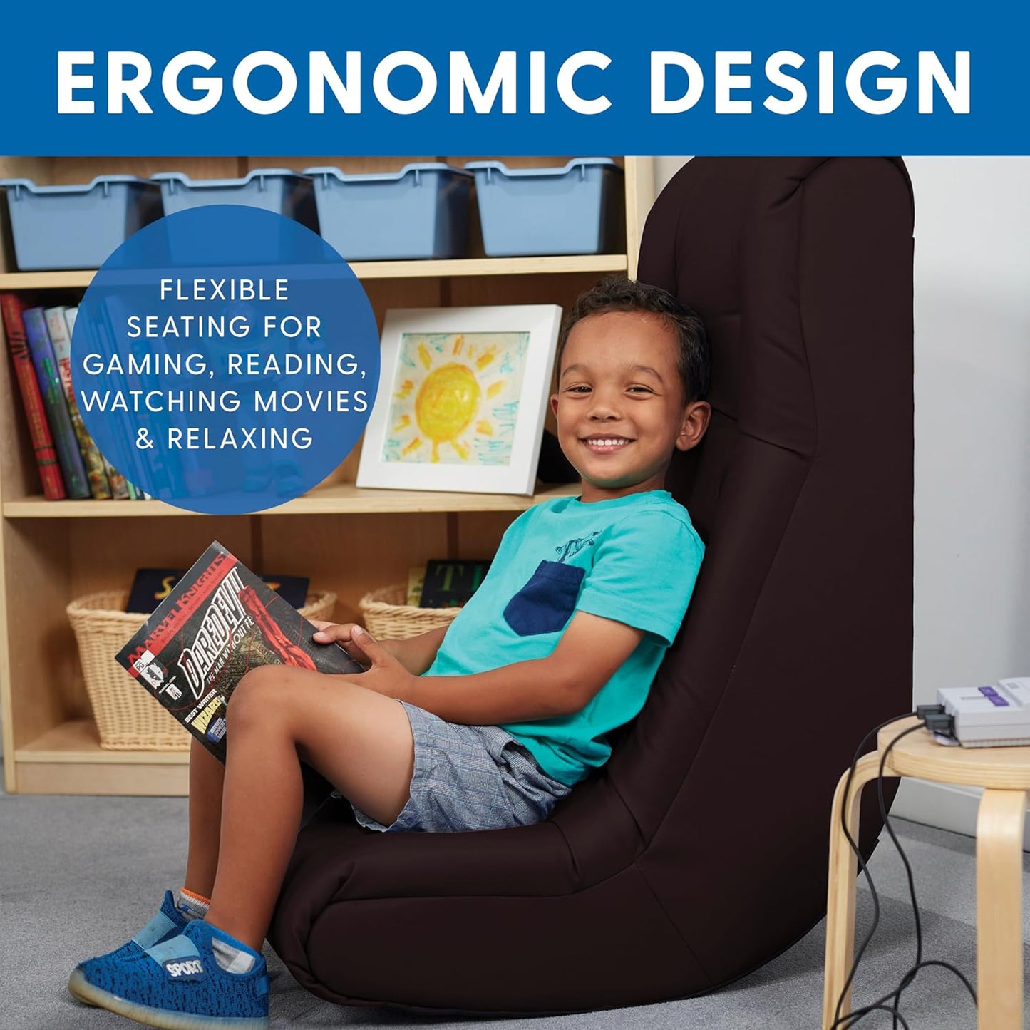 Factory Direct Partners Soft Tufted Floor Rocker - Cushioned Ground Chair for Kids Teens and Adults - Great for Reading, Gaming, Meditating, TV - Black, 10488-BK