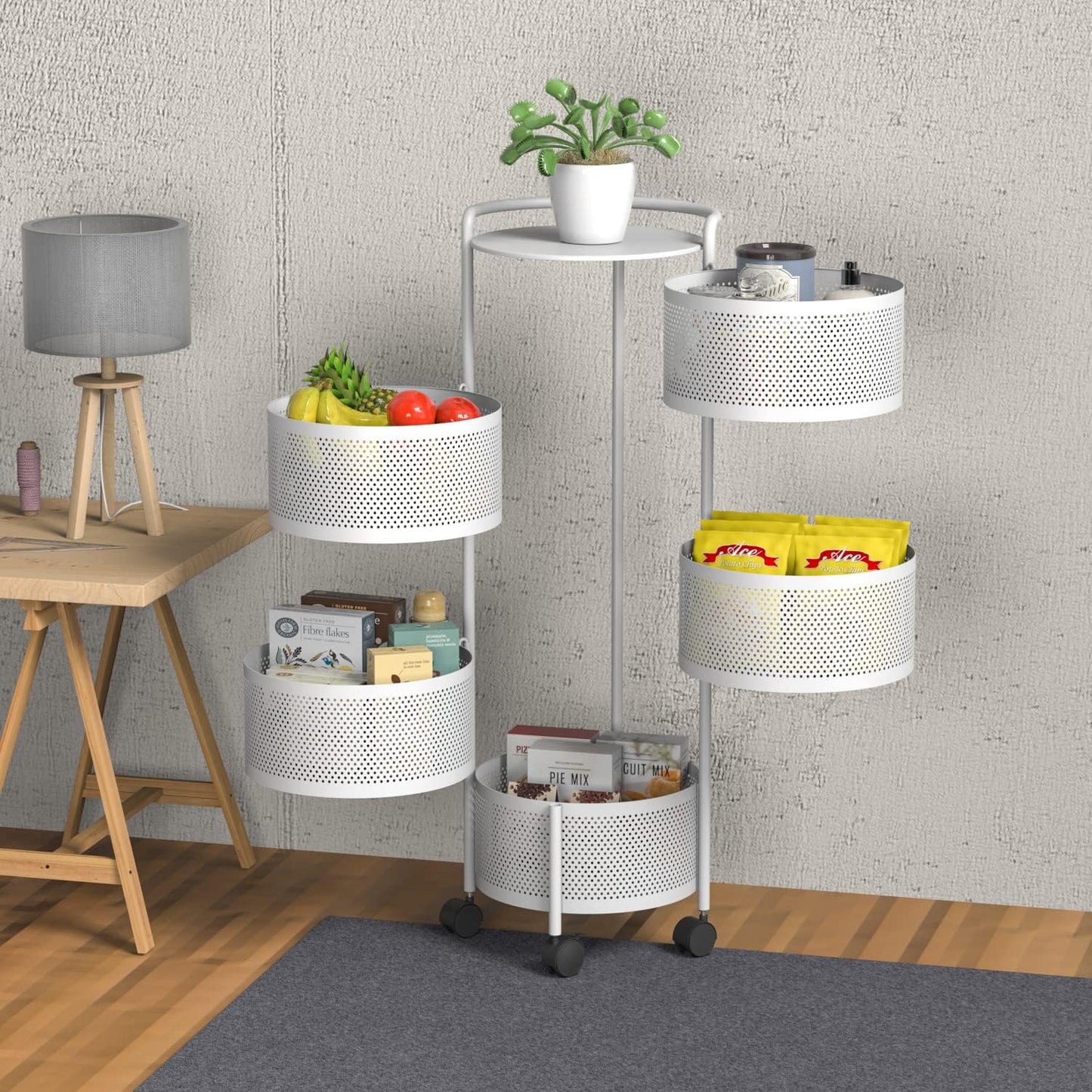 JAQ Rotating Fruit Basket, 5-Tier Metal Sturdy Kitchen Storage Rack Carts No Assembly on Rolling Wheels for Fruit Vegetable Grocery Corns Potato Onion in Bathroom(White, 5-Tier)