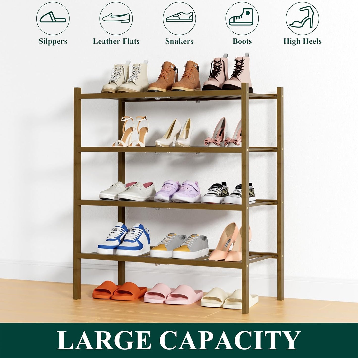 Smiry Shoe Rack, 4 Tier Thick Bamboo Shoe Organizer, Stackable Free Standing Wooden Shoe Storage Shelf for Closet, Entryway, Front Door Entrance, Walnut