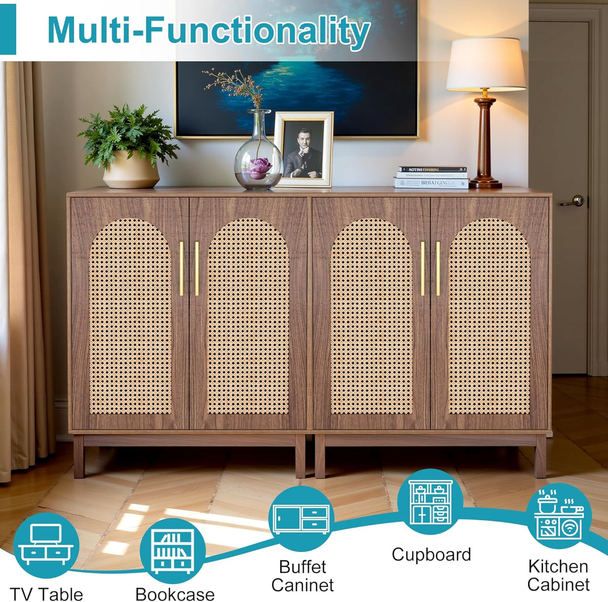 59" Sideboard Buffet Cabinet with Storage, Rattan Kitchen Buffet Storage Cabinet Set of 2, Modern Sideboard with Doors & Shelves for Living Room, Kitchen, Hallway, Dark Brown