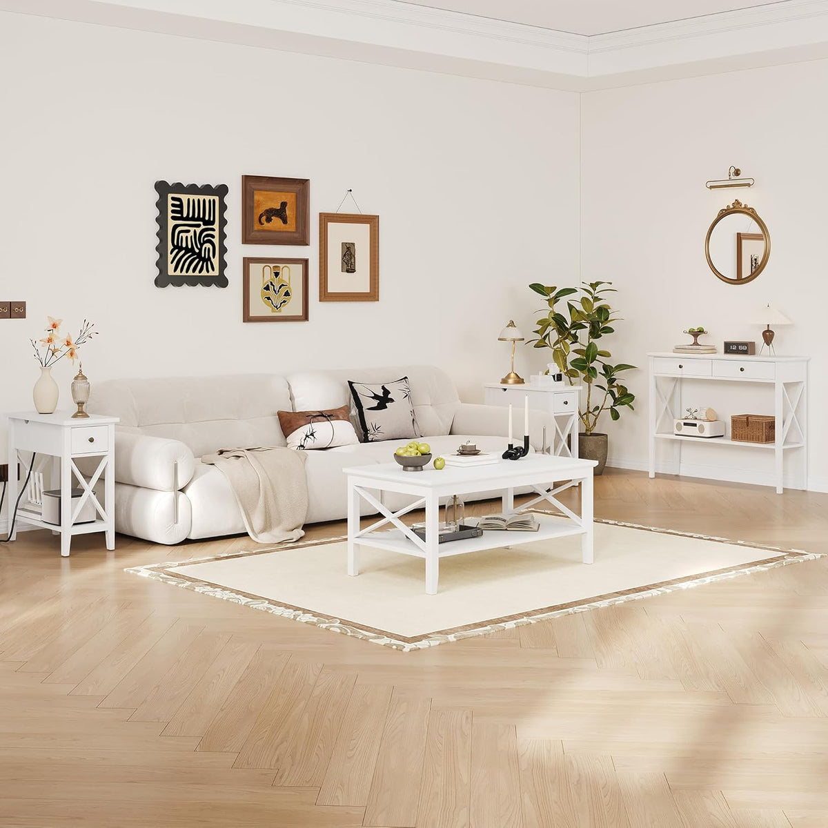 ChooChoo White Coffee Table Classic X Design for Living Room, Rectangular Modern Cocktail Table with Storage Shelf, 39 Inch