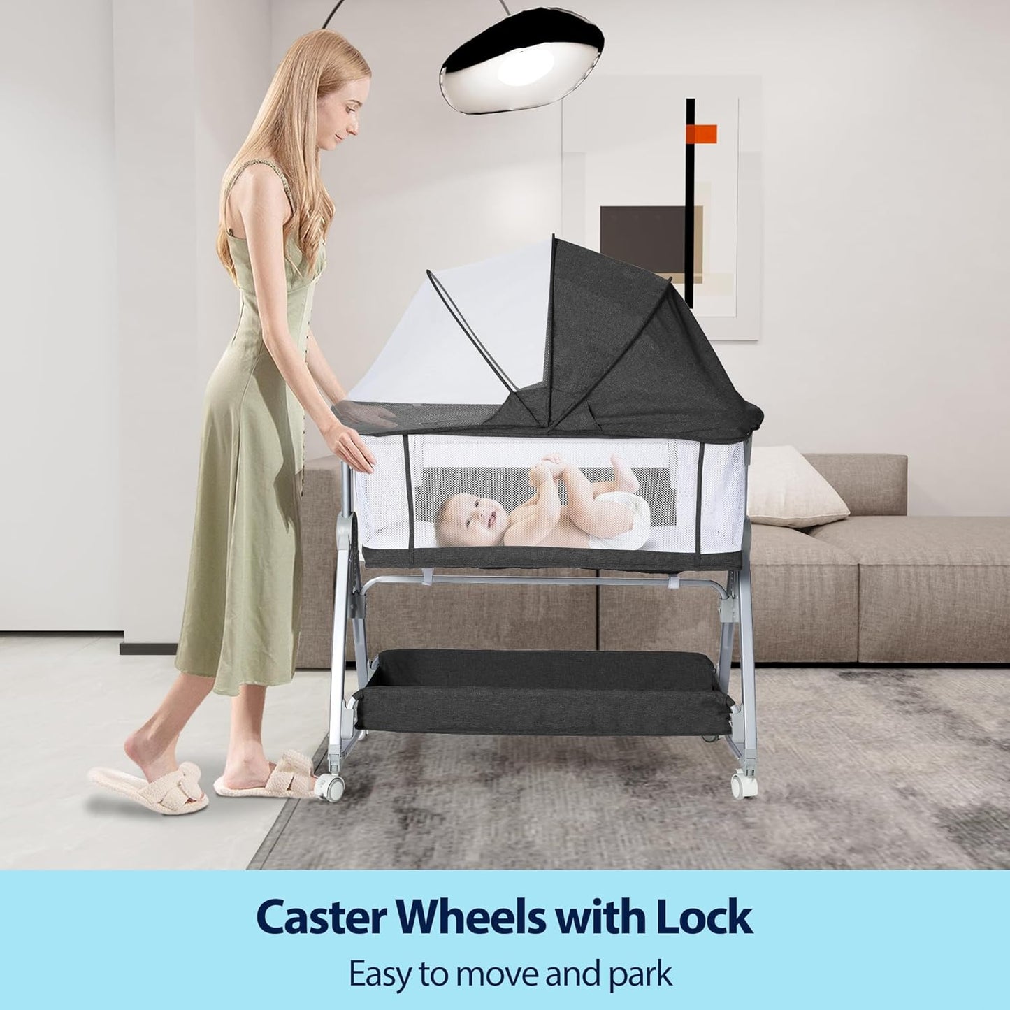 Baby Bassinet Bedside Sleeper, 3 in 1 Rocking Bassinet for Baby, Arms Reach Co Sleeper Bassinet with Wheels, Adjustable Height, Storage, Mattress & Canopy (Black)