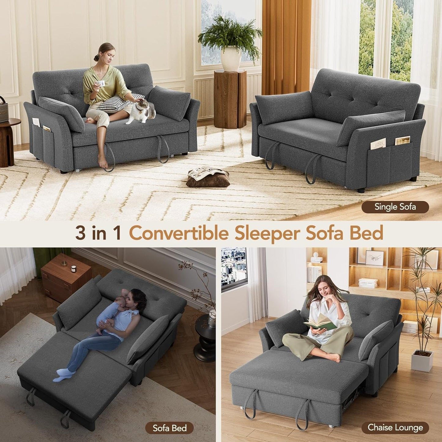 Vipbear 3-in-1 Chenille Convertible Sofa Bed, Pull Out Sleeper Sofa with Reclining Backrest & Side Pocket, Tool-Free Assembly, Folding Loveseat for Living Room, Apartment, Grey