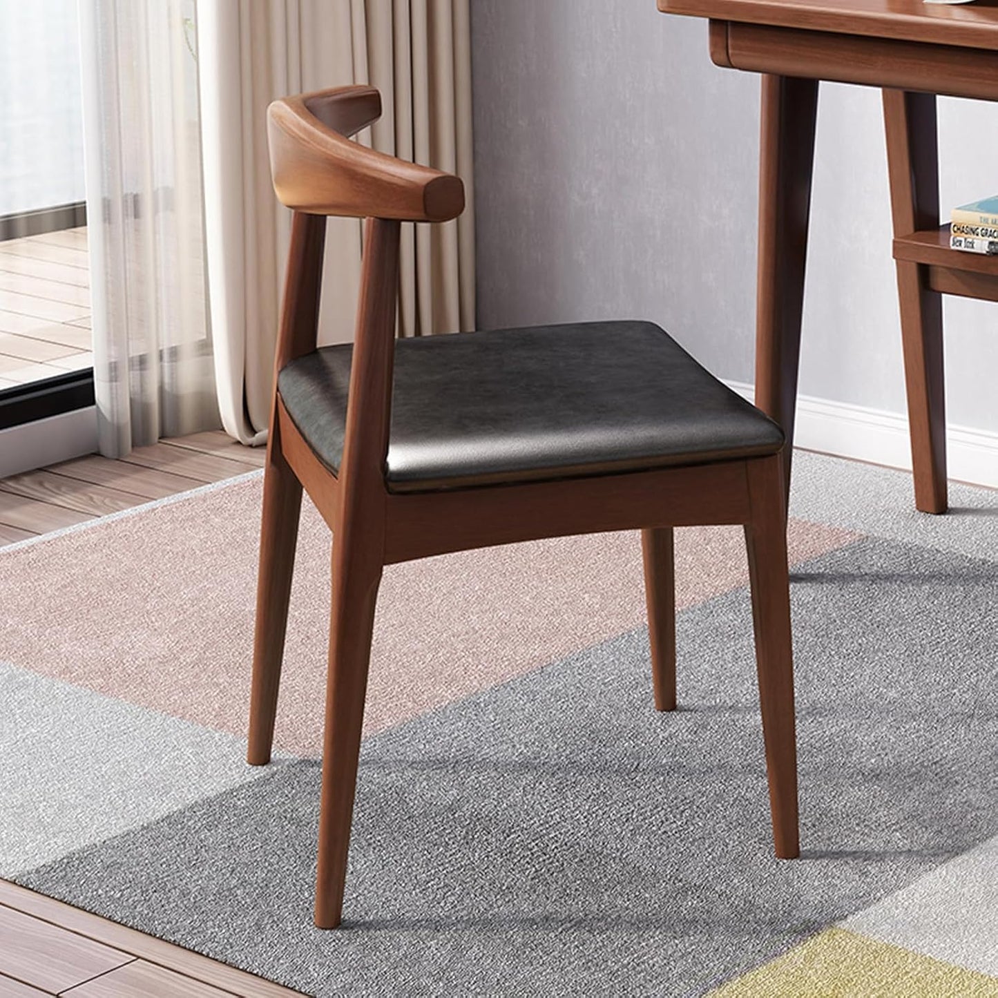 Solid Wood Dining Chair with Walnut Finish Mid Century Modern Upholstered PU Leather Dining Chairs with Curved Backrest for Dining Room, Kitchen, Study Room, Walnut Color