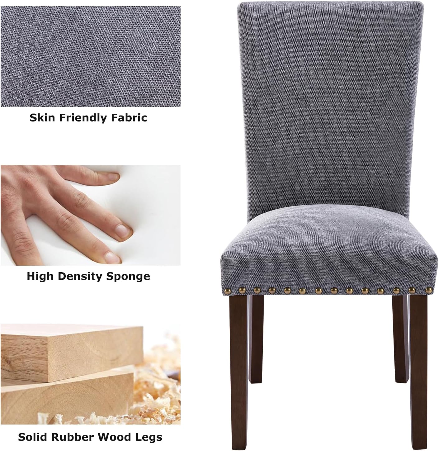 COLAMY Upholstered Parsons Dining Chairs Set of 6, Fabric Dining Room Kitchen Side Chair with Nailhead Trim and Wood Legs - Dark Grey