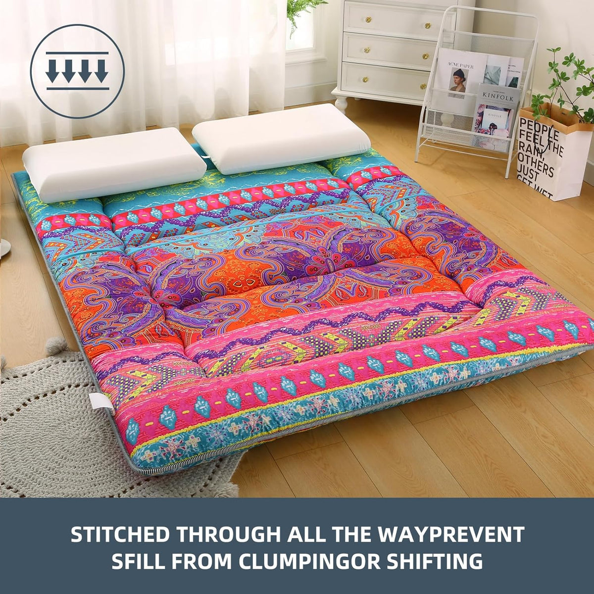 Bohemian Retro Japanese Floor Mattress, Vintage Floral Tatami Floor Mat, Portable Roll up Futon Mattress for Guest,Tavel (D,Queen80 X 60")