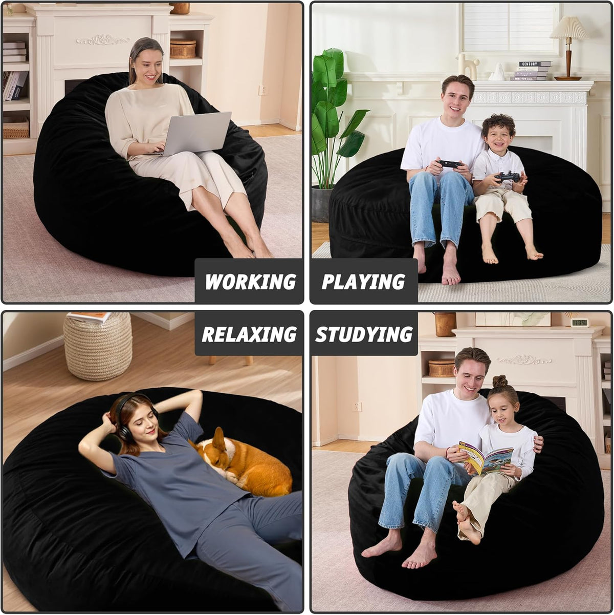 7FT Bean Bag Chair with Ultra Soft Velvet Cover Bean Bag Sofa with Memory Foam Bean Bag Chairs with Large Size Lazy Sofa for Dorm Office Living Room Bedroom Black 7'