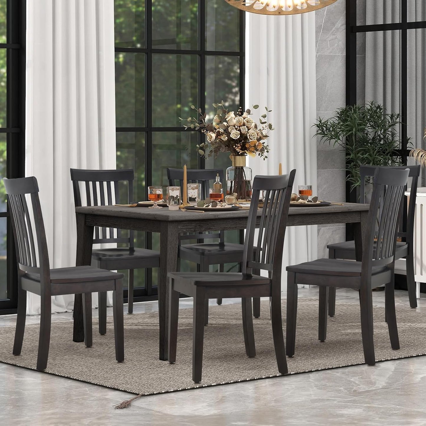 COLAMY Wooden Dining Chairs Set of 6, Spindle High Back Windsor Kitchen Side Chair, Farmhouse Dining Chairs for Kitchen and Dining Room, Dark Brown