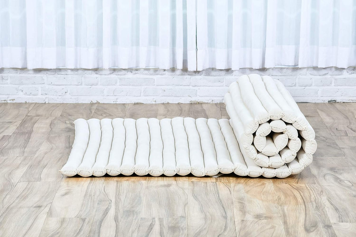 Leewadee - Kapok Roll Mat – Handcrafted Folding Sleep & Relaxation Mattress from Thailand, Ideal as Guest Bed, Camping Mat, Yoga Mat or Traditional Futon, 75 x 39 inches, Ecru
