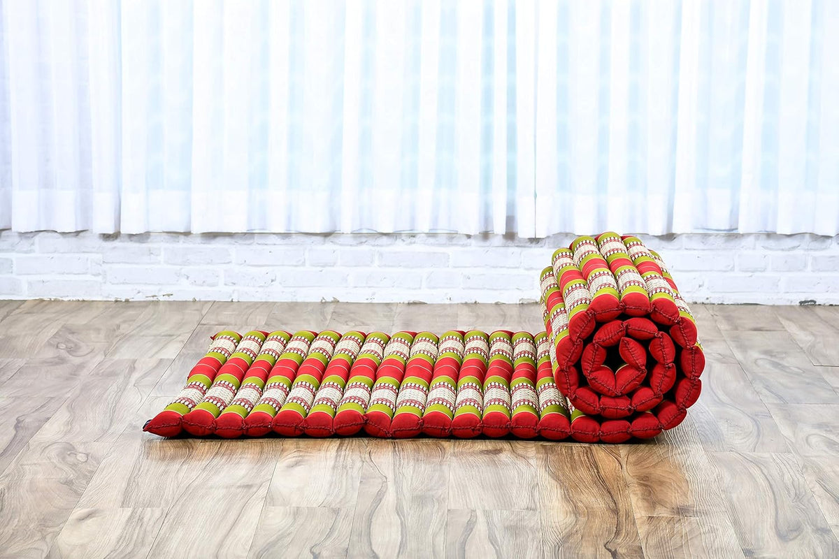 Leewadee - Kapok Roll Mat – Handcrafted Folding Sleep & Relaxation Mattress from Thailand, Ideal as Guest Bed, Camping Mat, Yoga Mat or Traditional Futon, 75 x 39 inches, Green Red
