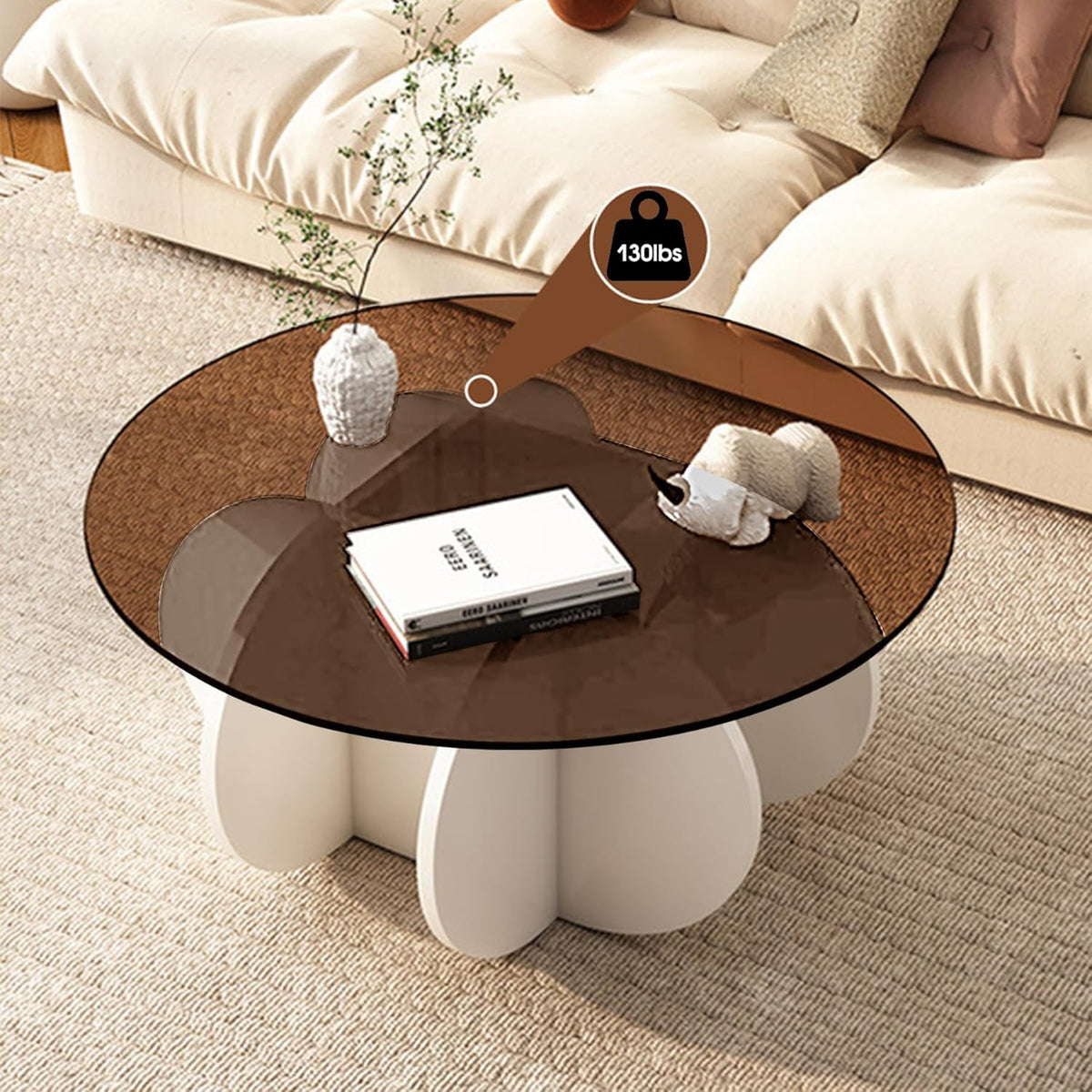 Round Coffee Table, Modern Glass Coffee Table for Living Room, Unique White Center Table with Tempered Glass Top & Solid Wood Legs, Circle Amber Accent Table for Small Spaces