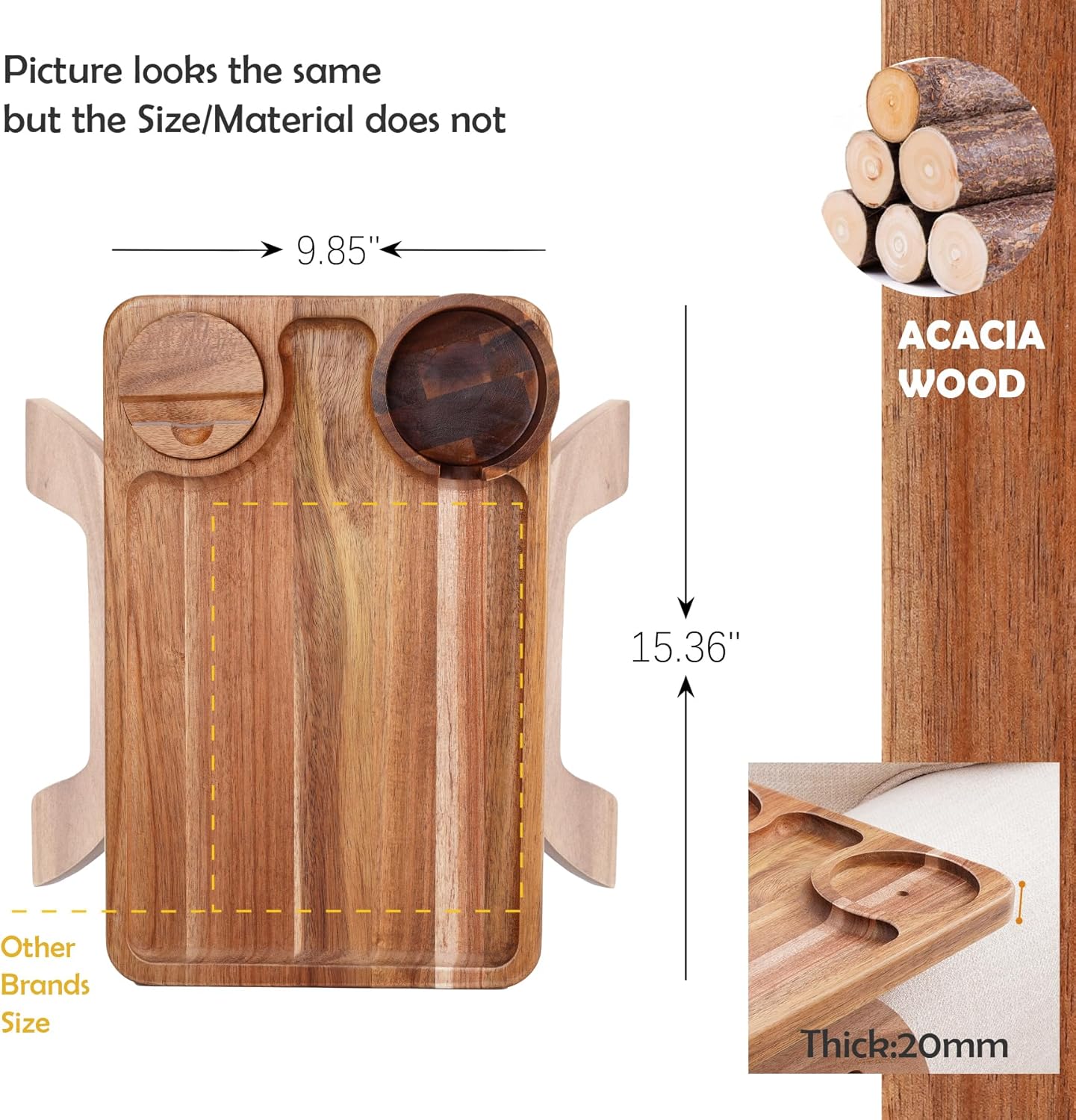 Nnewvante Couch Cup Holder Tray, 3 in 1 Large 15.36"x9.85" Acacia Wood Sofa Arm Clip on Tray Table with 360°Rotated Phone Holder on Armrest