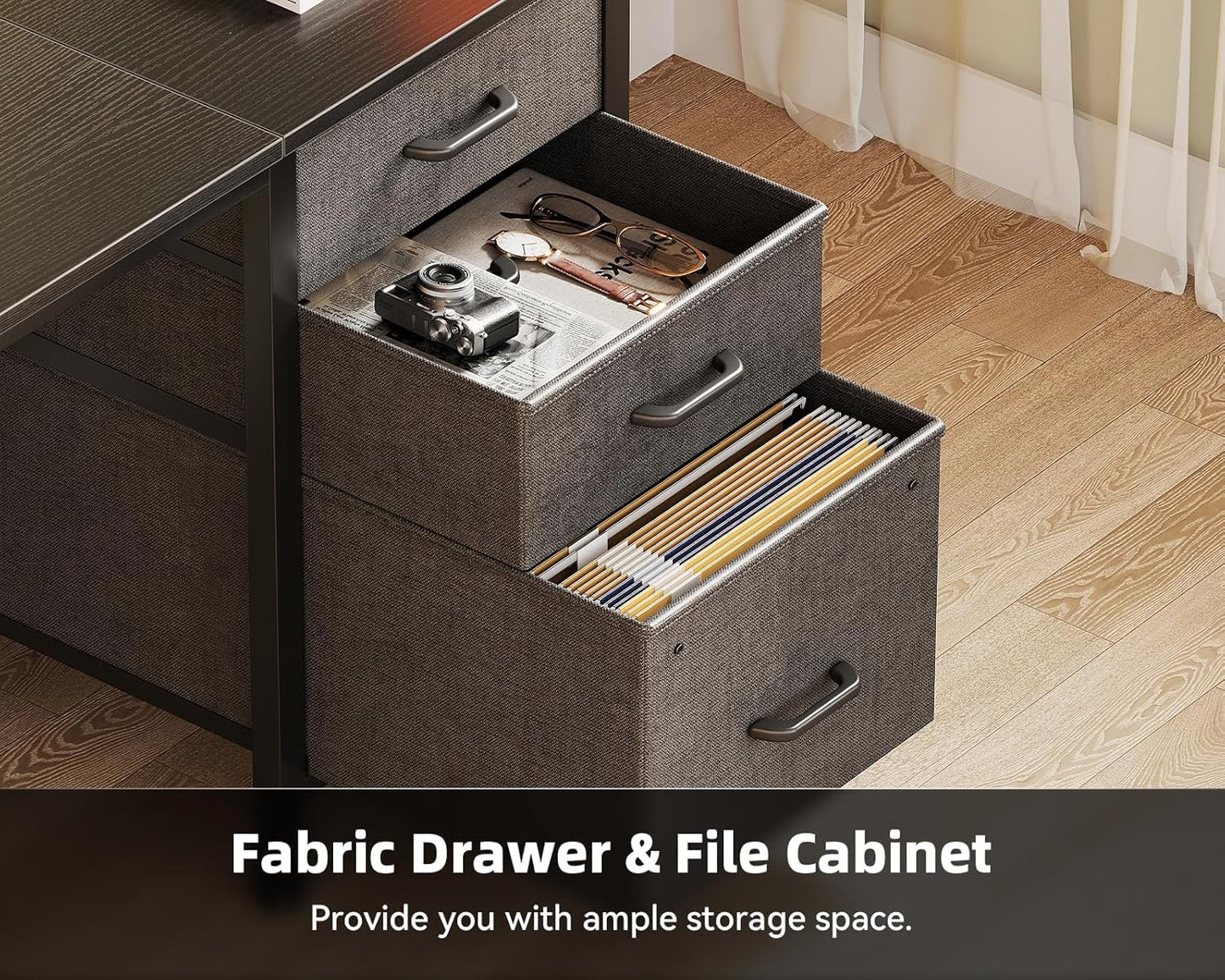 Casaottima 40" Small Computer Home Office Desk for Bedroom with Fabric Drawers & File Cabinet, Cloth Storage Bag and Hook, Writing Study Work Table for Small Space, Black