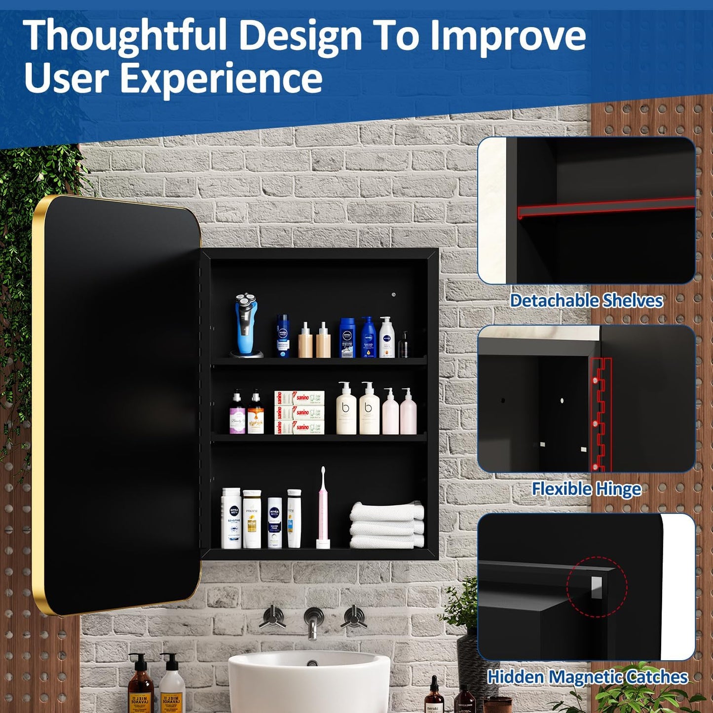 24x30 Inch Bathroom Medicine Cabinet with Mirror Gold Metal Framed Recessed or Surface Wall Mounted Mirrored Medicine Cabinets for Bathroom