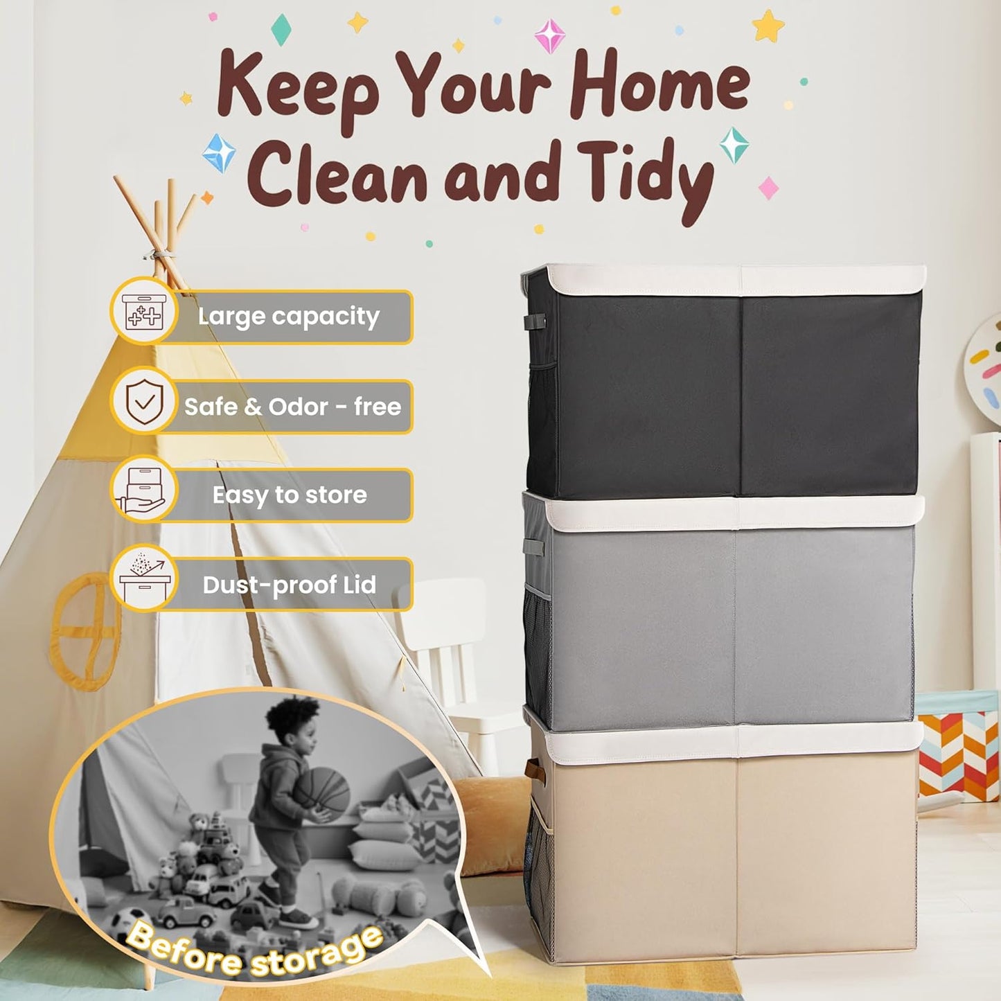 80L Large Toy Storage Box with Lid, Large Toy Box Chest for Kids, Girls and Boys, Nursery Room and Living Room, 26"x13" x16" - Grey