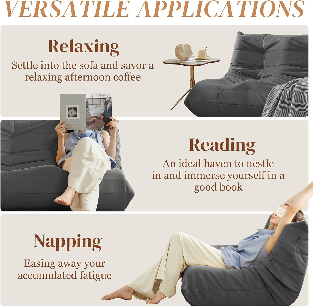 Bean Bag Chair, Loveseat Fireside Chair Bean Bag Sofa for Adults, 2 Seater Bean Bag Chairs for Teens with High-Resilience Foam, Memory Foam Bean Bag for Living Room, Bedroom, Office (Suede, Dark Gray)