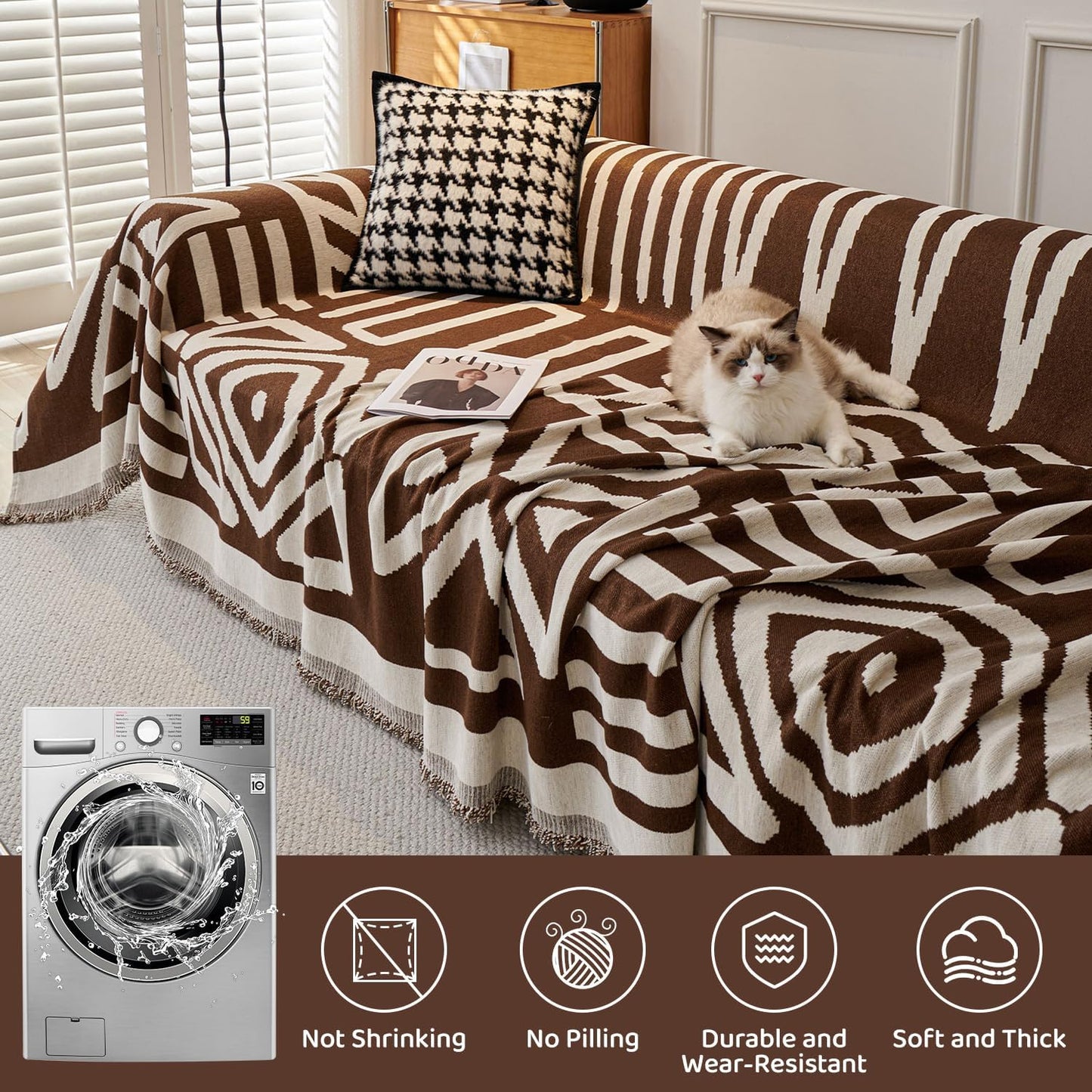 STACYPIK Sofa Covers Decorative, Boho Couch Cover for Sectional, Chocolate Sofa Protector for 3 Cushion Couch, Multi-Use Sofa Cover for Dogs with Tassles, Washable Sofa Slipcover for Loveseat-71X134IN