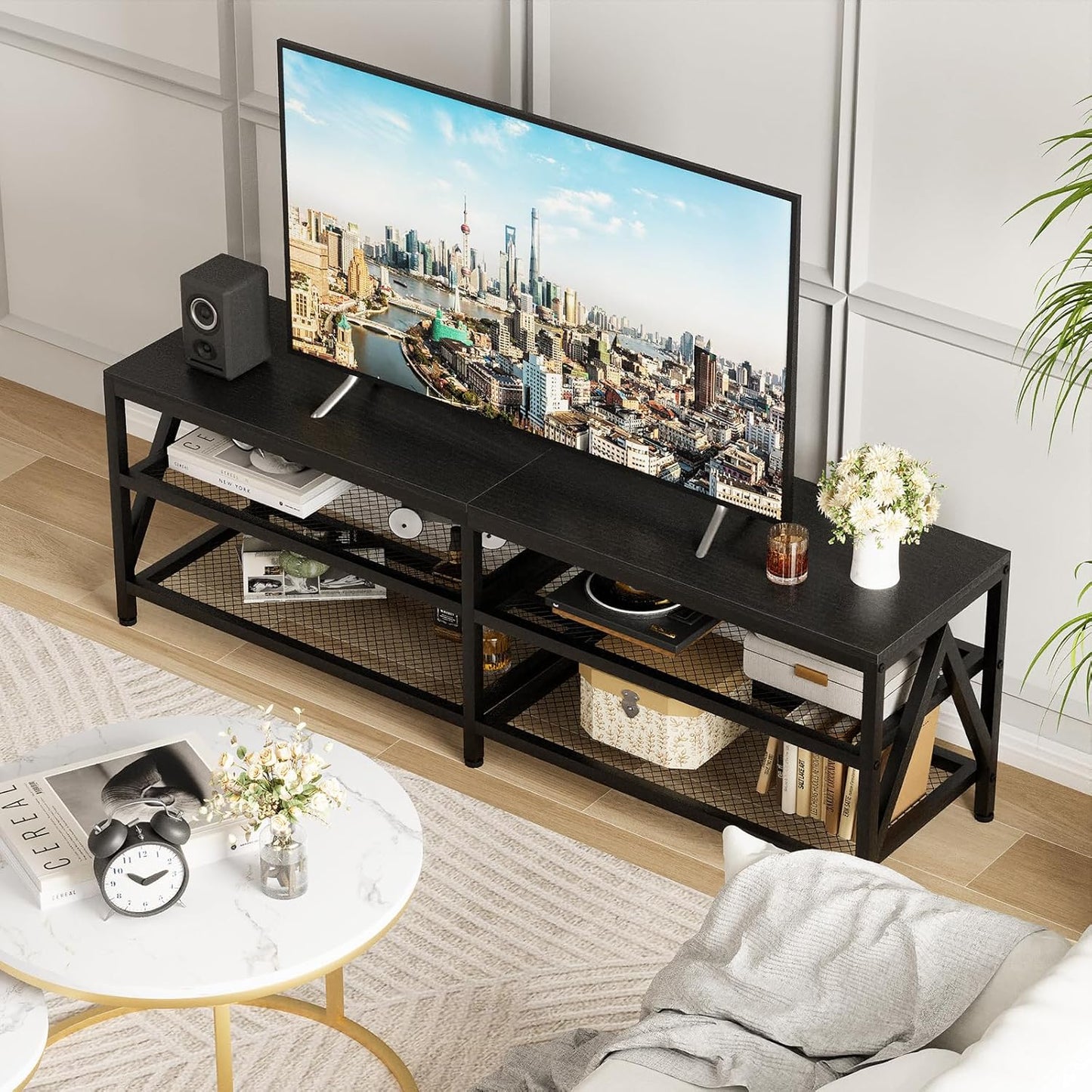 TV Stand for TVs up to 70 Inch, 63" Long Industrial TV Console Table with 3-Tier Storage Shelves, Entertainment Center for Living Room, Bedroom (Black)