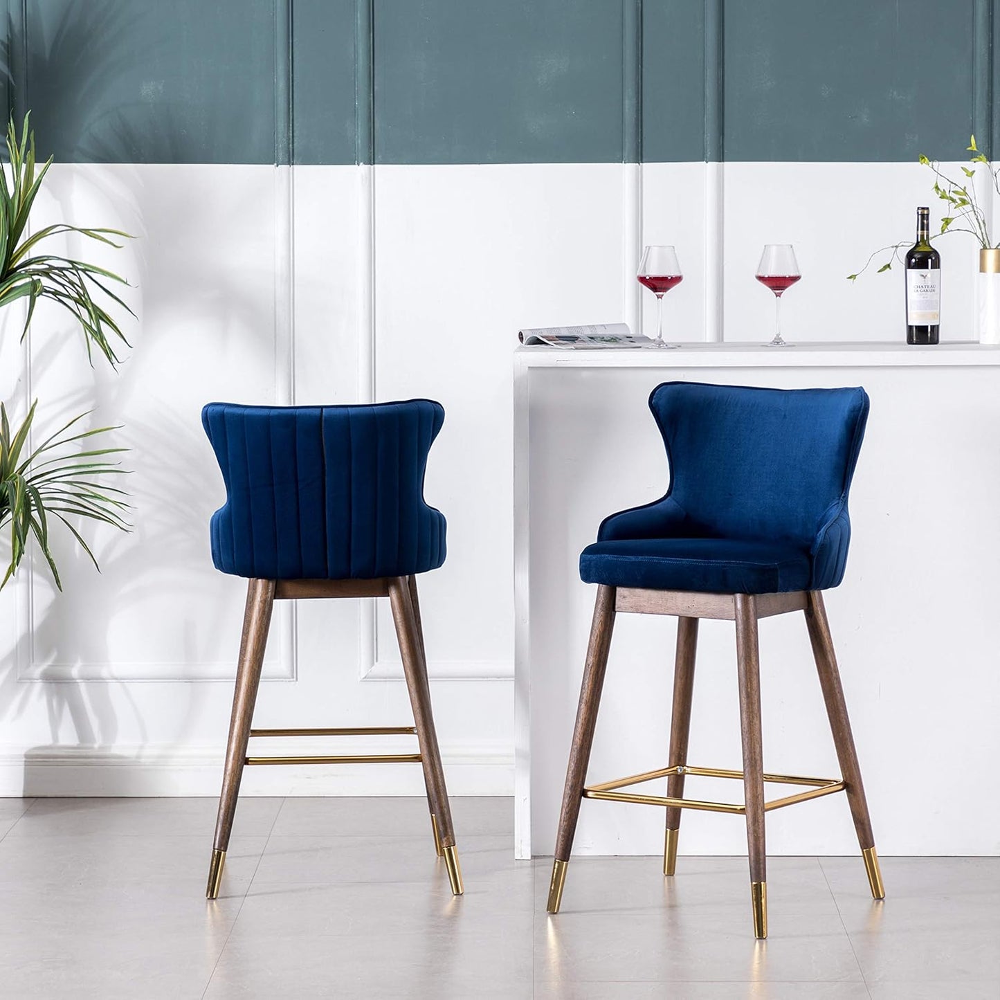 Roundhill Furniture Leland Fabric Upholstered Wingback Bar Stools, Set of 2, Blue