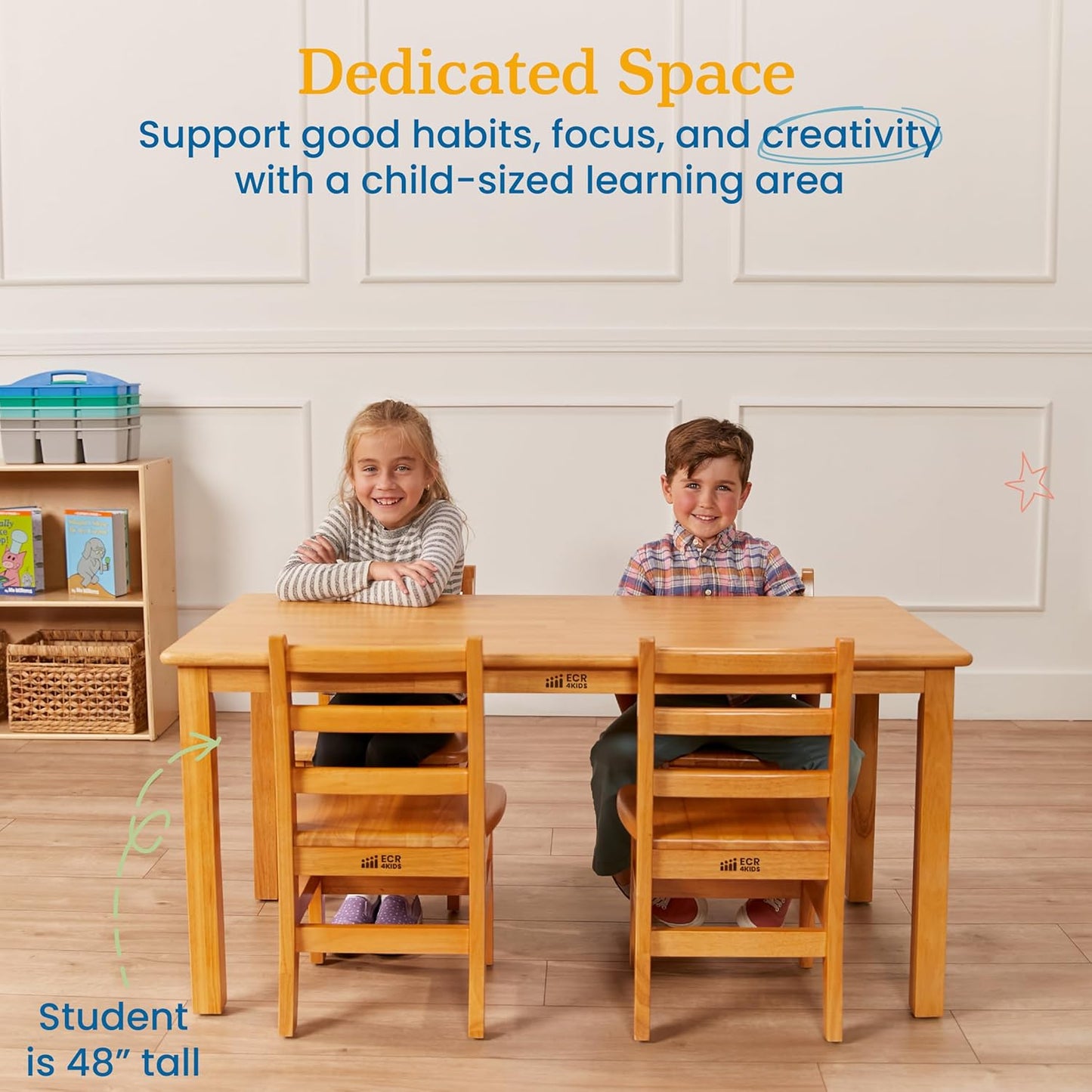 ECR4Kids 24in x 48in Rectangular Hardwood Table and Chair Set, 12in Seat Height, Kids Furniture, Honey