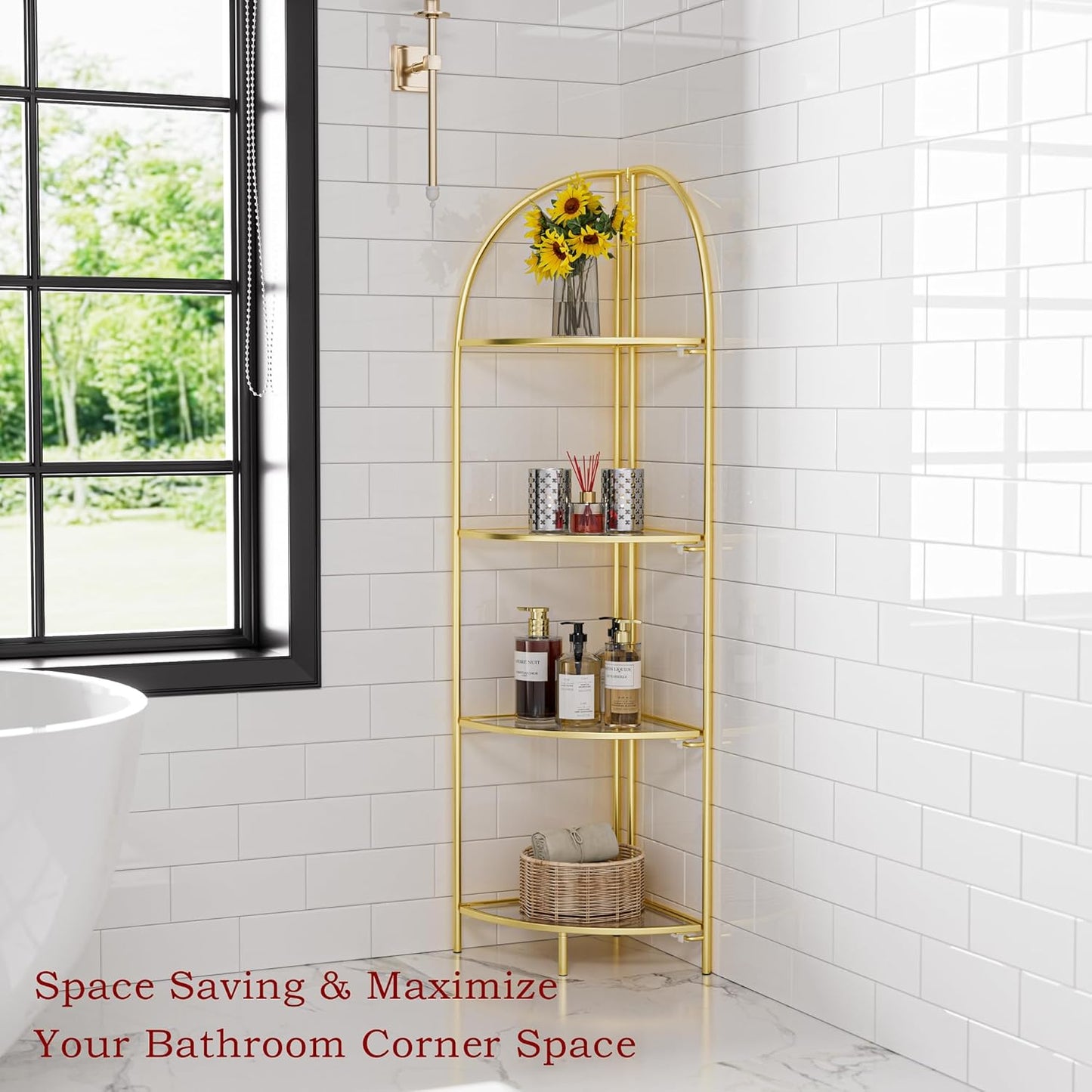 Crofy Foldable 4 Tier Corner Shelf, Metal Corner Plant Stand with Gold Frame and Transparent Shelves, Corner Display Rack Multipurpose Shelving Unit for Living Room, Bedroom, Bathroom