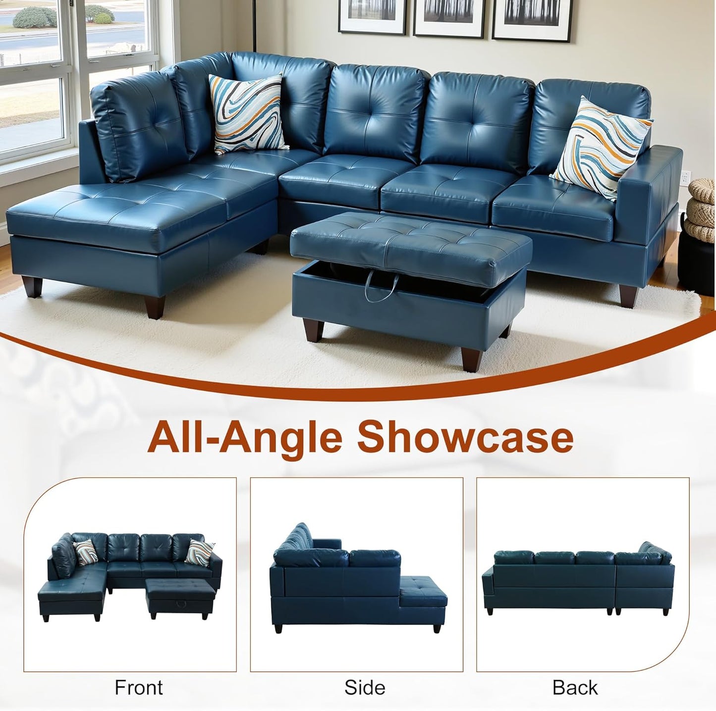Osparple Sectional Couches for Living Room PU Leather L Shaped Couch 3 Pieces Modular Sectional Sofa with Storage Ottoman for Living Room and Small Apartment, Peacock Blue