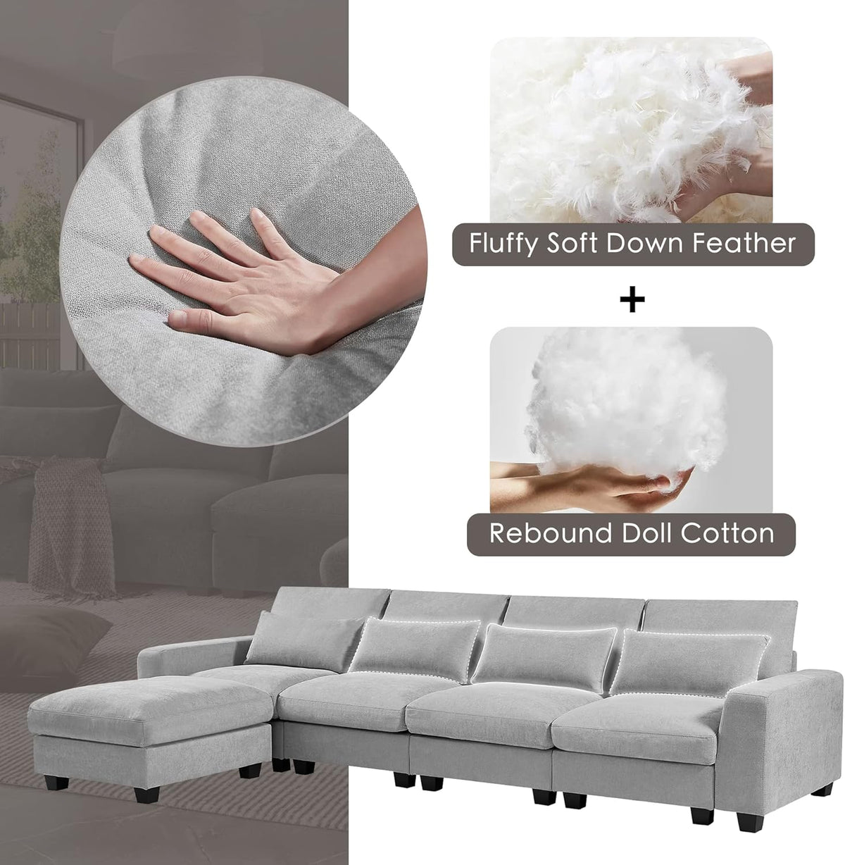 129.9 Inch Modern Oversized L-Shape Feather Filled Sectional Sofa with Ottoman, 5-Seater Modular Convertible Couch w/Reversible Chaise and 4 Pillows for Living Room, Apartment, Light Gray