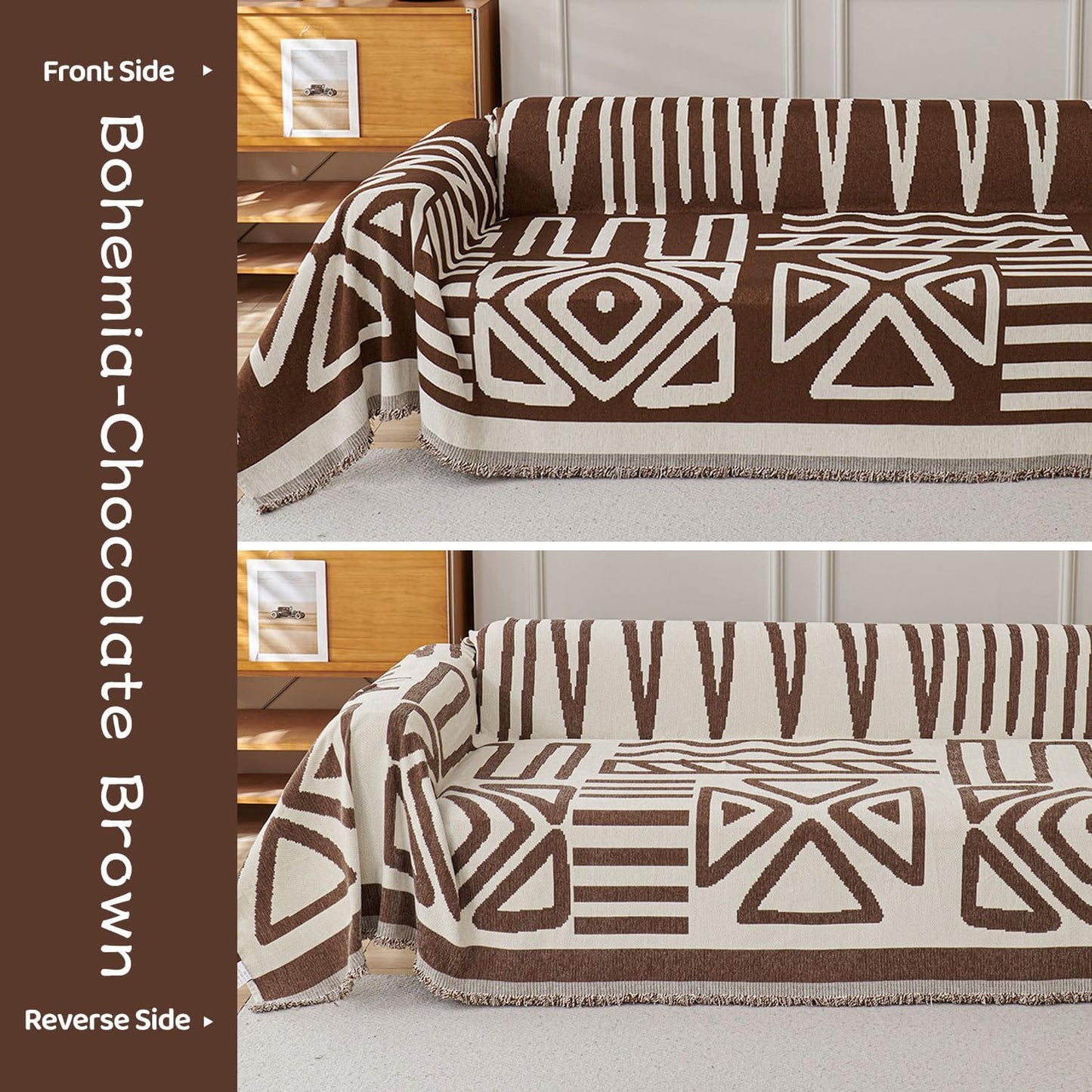 STACYPIK Soft Breathable Boho Chocolate Sofa Cover Stain Resistant Furniture Protector for 3 Cushion Couch Washable Sofa Cover for Dogs Cats Dark Khaki Reversible Sectional Covers for Sofa-91X150IN