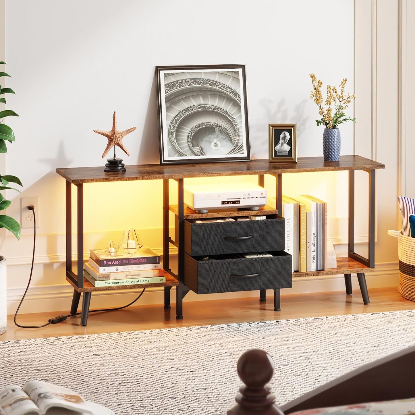 Small TV Stand with Fabric Drawers/LED Light for 55 inch TV, Entertainment Center with Storage Open Shelves,Media Console Table for Living Room, Bedroom, Rustic Brown