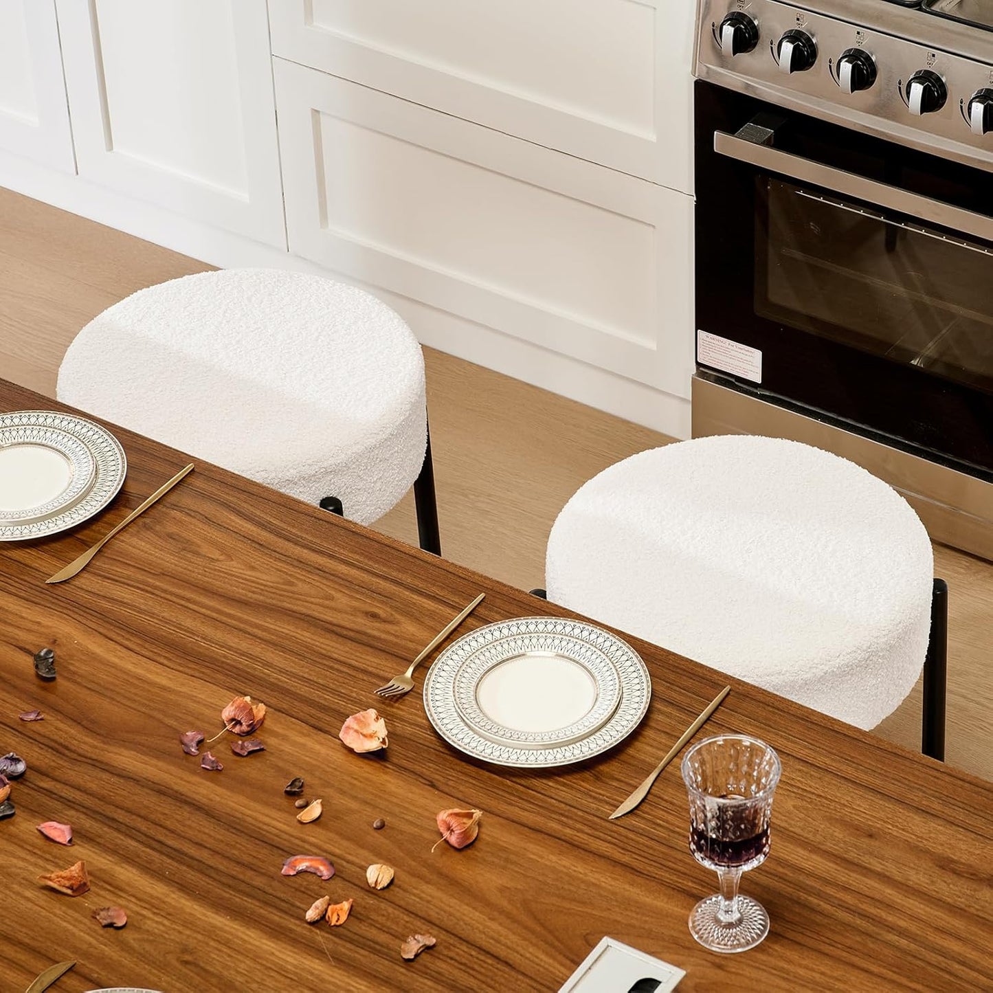 Modern Dining Chairs Set of 4, 23.6" White Round Backless Boucle Sherpa Upholstered Dining Chair with Solid Metal Legs for Kitchen, Living Room