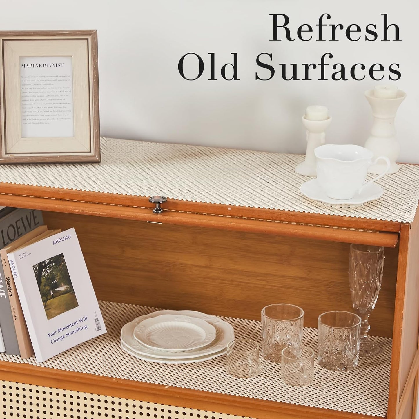 Beautysaid Shelf and Drawer Liner for Kitchen Cabinet, Non Adhesive Non Slip Shelf Paper Thickened for Dresser Pantry Shelve Bathroom Protector Liner Breathable Mat(Cream White Weave,12 in x 20FT)