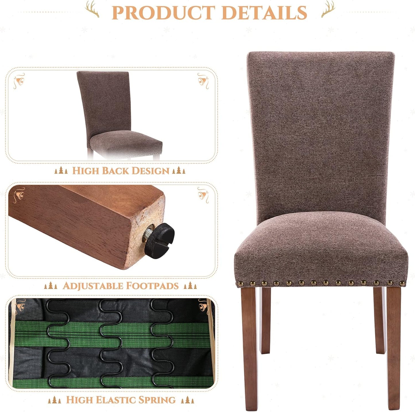Parsons Dining Chairs Set of 4, Upholstered Nailhead Dining Room Kitchen Side Chair with Thick Cushions and Wood Legs, Brown
