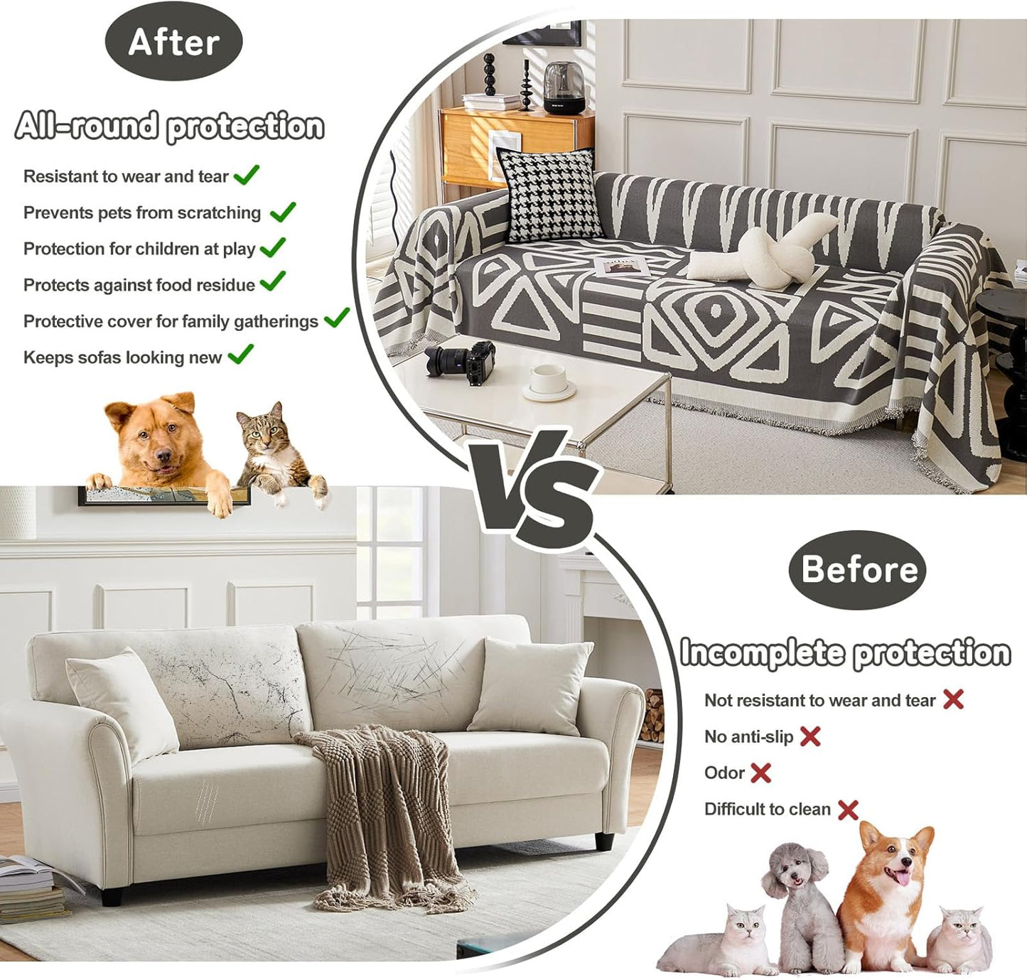 HANDONTIME Reversible Sofa Cover Boho Geometric Couch Cover for Dogs Dark Grey Couches Covers Washable Chenille Couch Covers for 3 Cushion Couch Pet Friendly Furniture Protector for Pets, 91" X150"