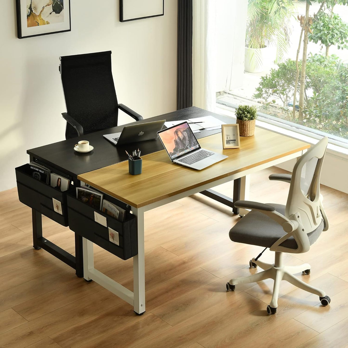 Large Computer Desk - 63 Inch Home Office Desks Study Student Writing Table Gaming Desk Wood Modern Simple Table with Storage Bag & Headphone Hooks, Rustic White