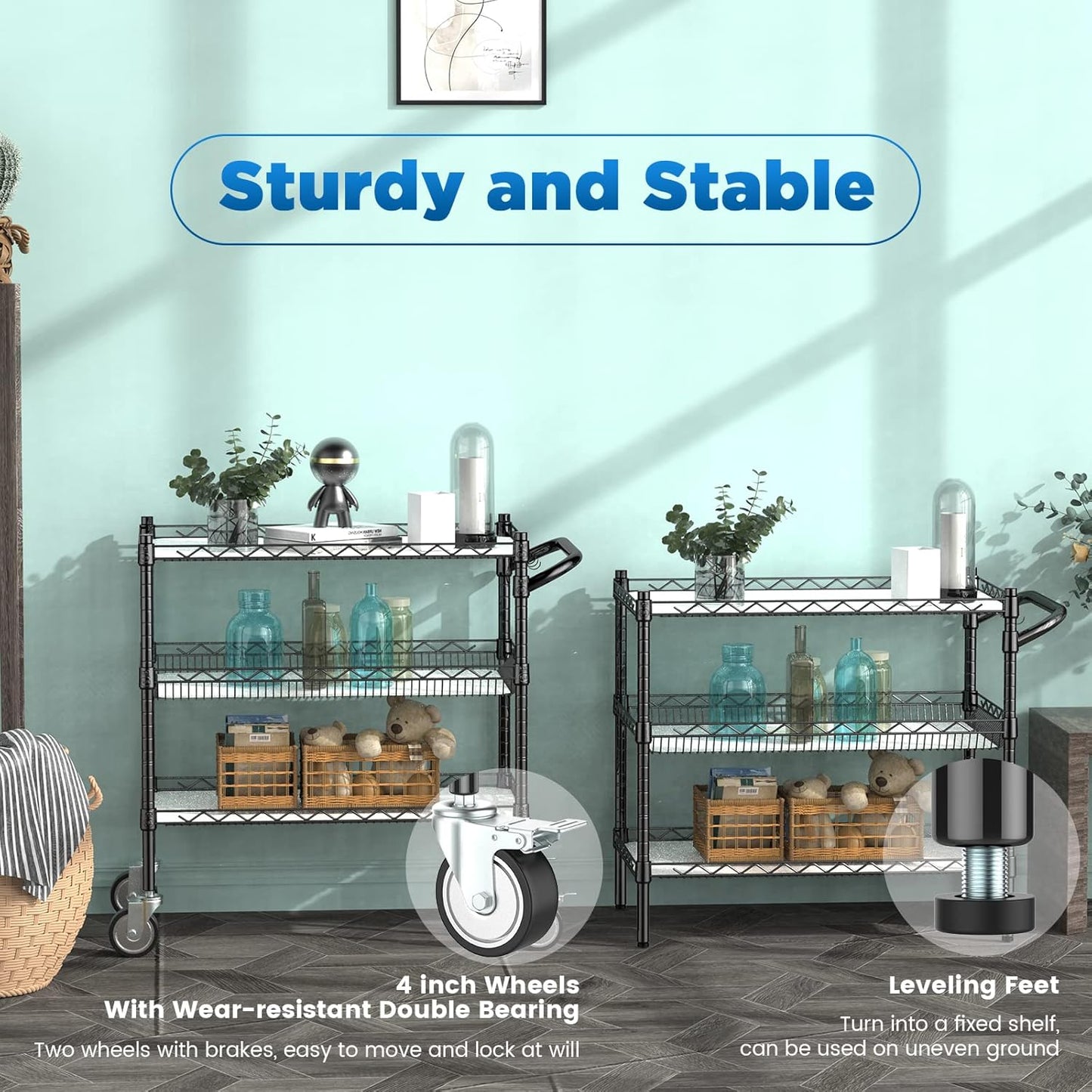 Leteuke 3 Tier Rolling Carts with Wheels,990Lbs Heavy Duty Rolling Utility Cart,NSF Commercial Grade Metal Cart with Handle&Shelf Liner,Trolley Serving Cart for Kitchen,Restaurant,Plant Display,Black