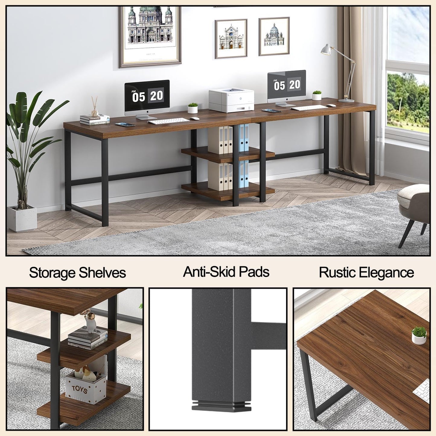 FOLUBAN 47 Inch Computer Desk, Small Home Office Desk with Storage Shelves, Industrial Writing Study Gaming Table Workstation for Living Room Bedroom, Rustic Walnut