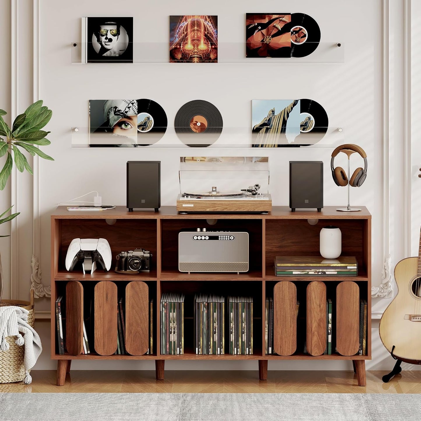 Large Record Player Stand, Record Player Table Vinyl Record Storage Holder Records Cabinet Organizer with Power Outlet for Living Room, Walnut