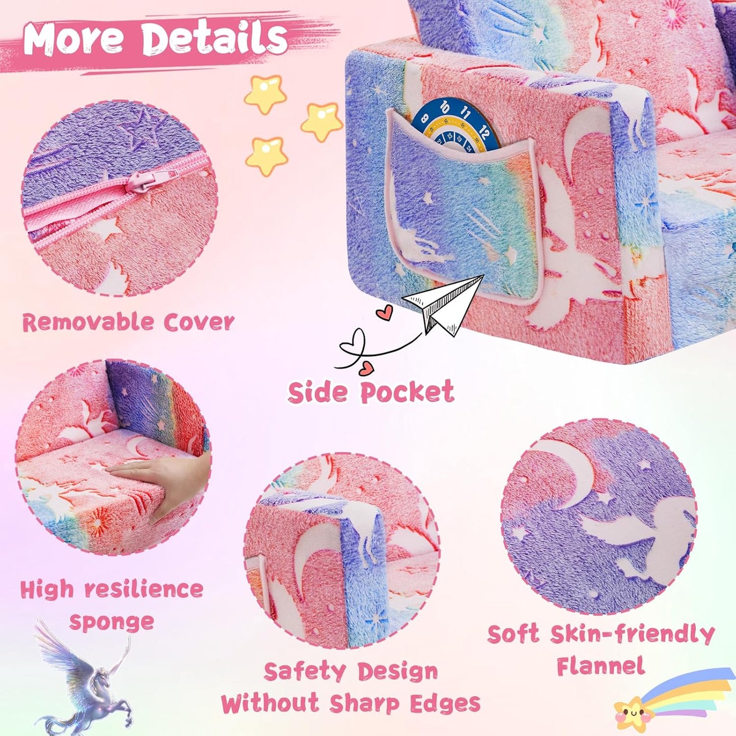 Toddler Couch,Toddler Chair,2-in-1 Baby Seat Furniture Fold Out, Convertible Sofa to Lounger Comfy Glow in The Dark Sofa Bed,Gifts for Kids Girl Boys,Elf Unicorn,Medium