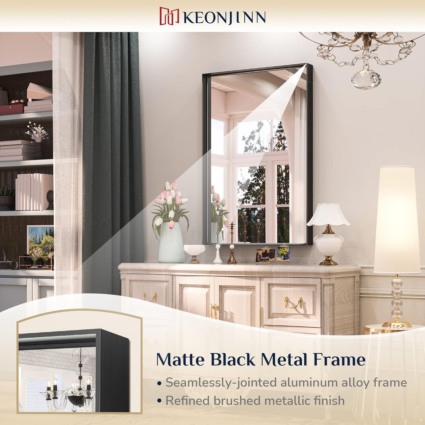 Keonjinn Black Bathroom Mirror 24 x 36 Inch Rectangular Wall Mirror Brushed Metal Frame Black Mirror Modern Farmhouse Mirror, Framed Rectangle Bathroom Mirror for Over Sink(Horizontal/Vertical)