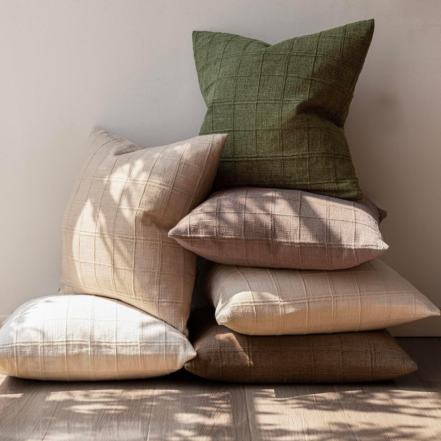 Foindtower Set of 2 Decorative Linen Check Throw Pillow Covers Neutral Farmhouse Vintage Cushion Covers Modern Boho Home Decor for Sofa Chair Couch Bedroom Living Room Outdoor,22×22 Inch,Olive Green