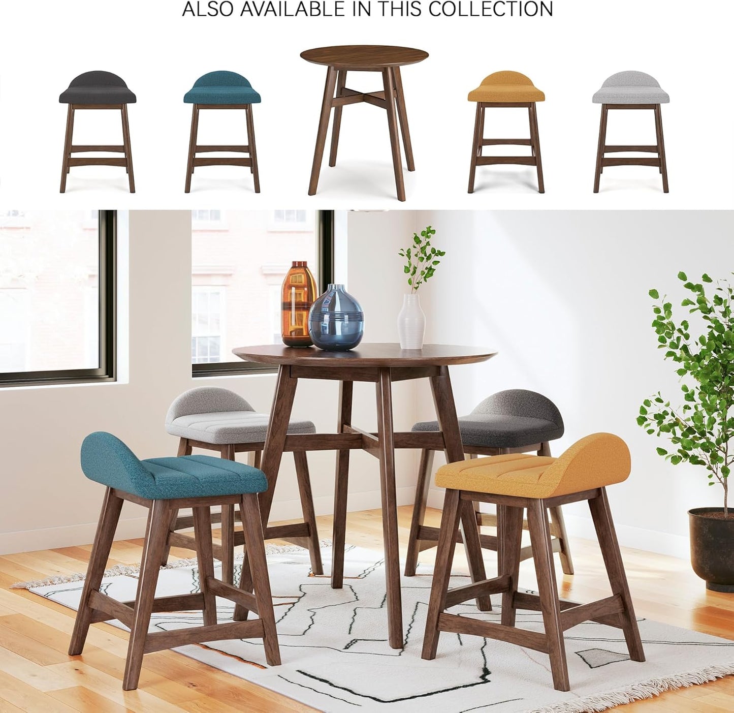 Signature Design by Ashley Lyncott Contemporary 28.5" Counter Height Upholstered Bar Stool with Foam Cushion, 2 Count, Light Gray & Brown
